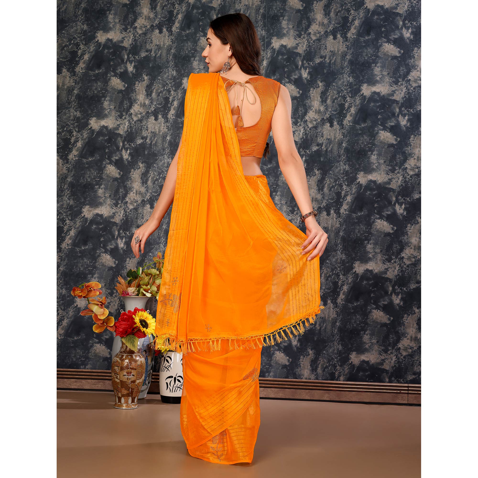 Orange Swarovski Work Chiffon Saree With Woven Border