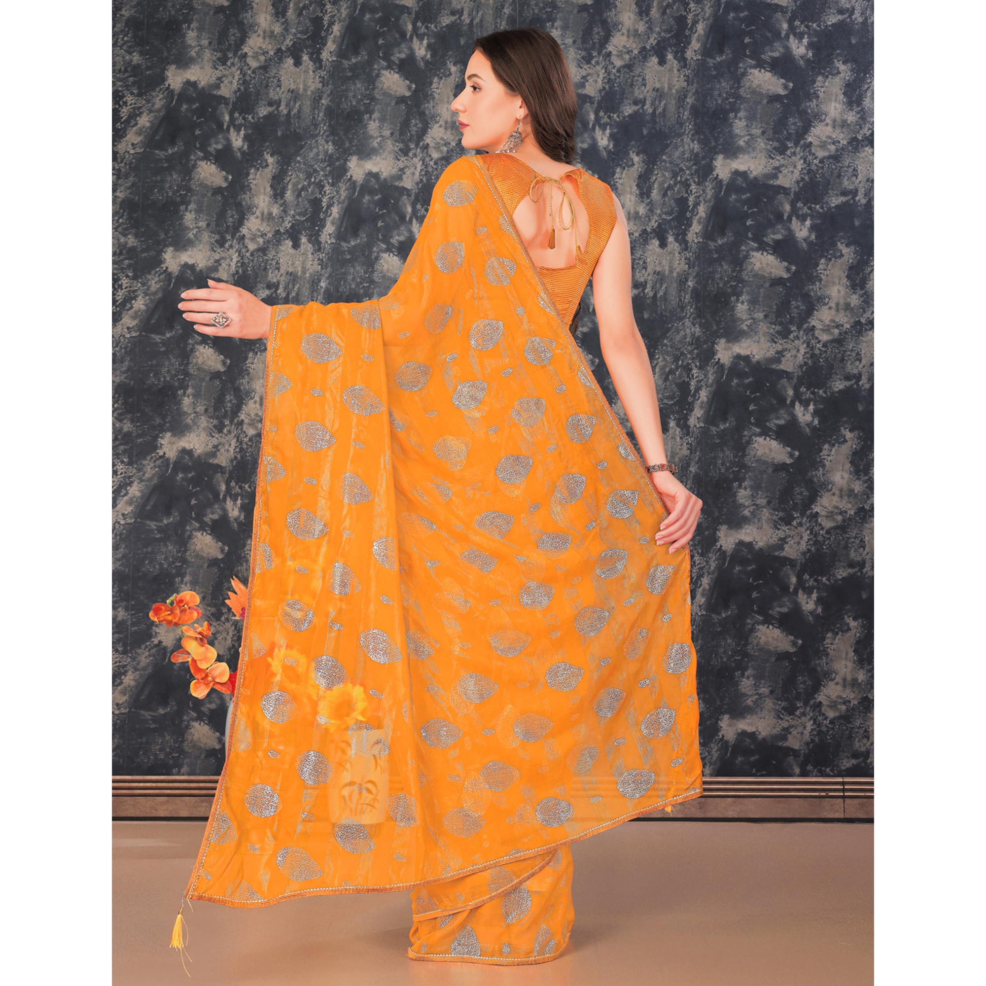 Mustard Foil Printed Chiffon Saree With Gota Patti Lace Border