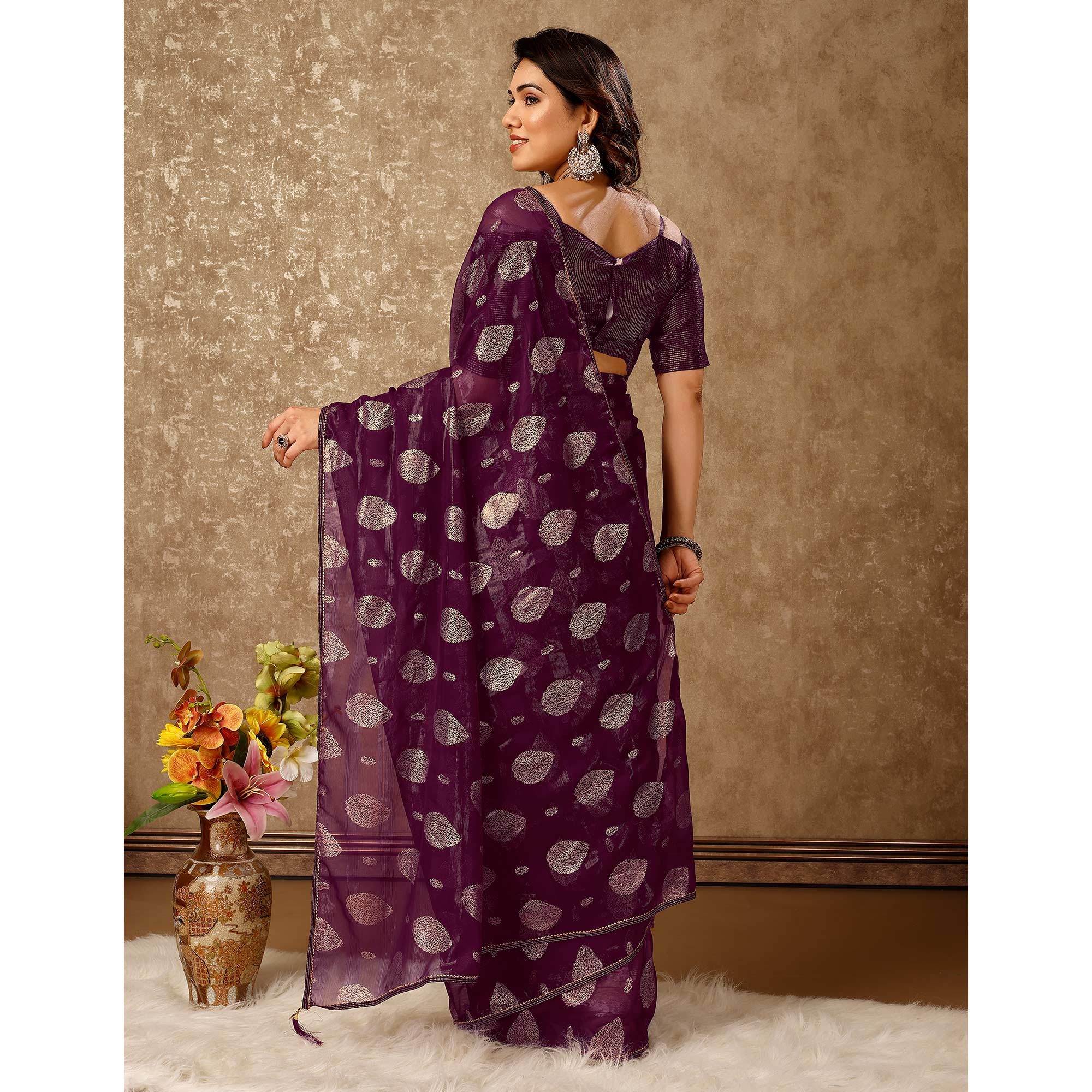 Purple Foil Printed Chiffon Saree With Gota Patti Lace Border