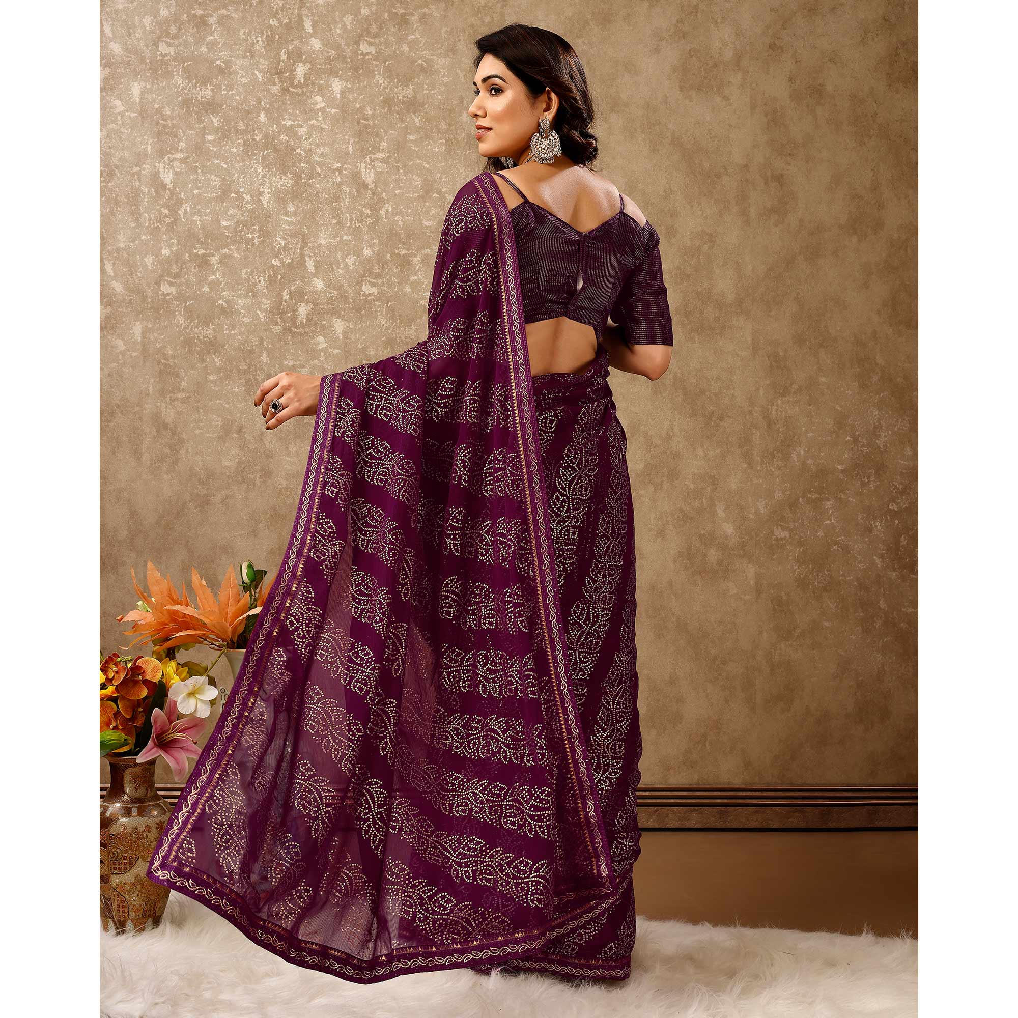 Purple Bandhani Foil Printed Chiffon Saree With Lace Border
