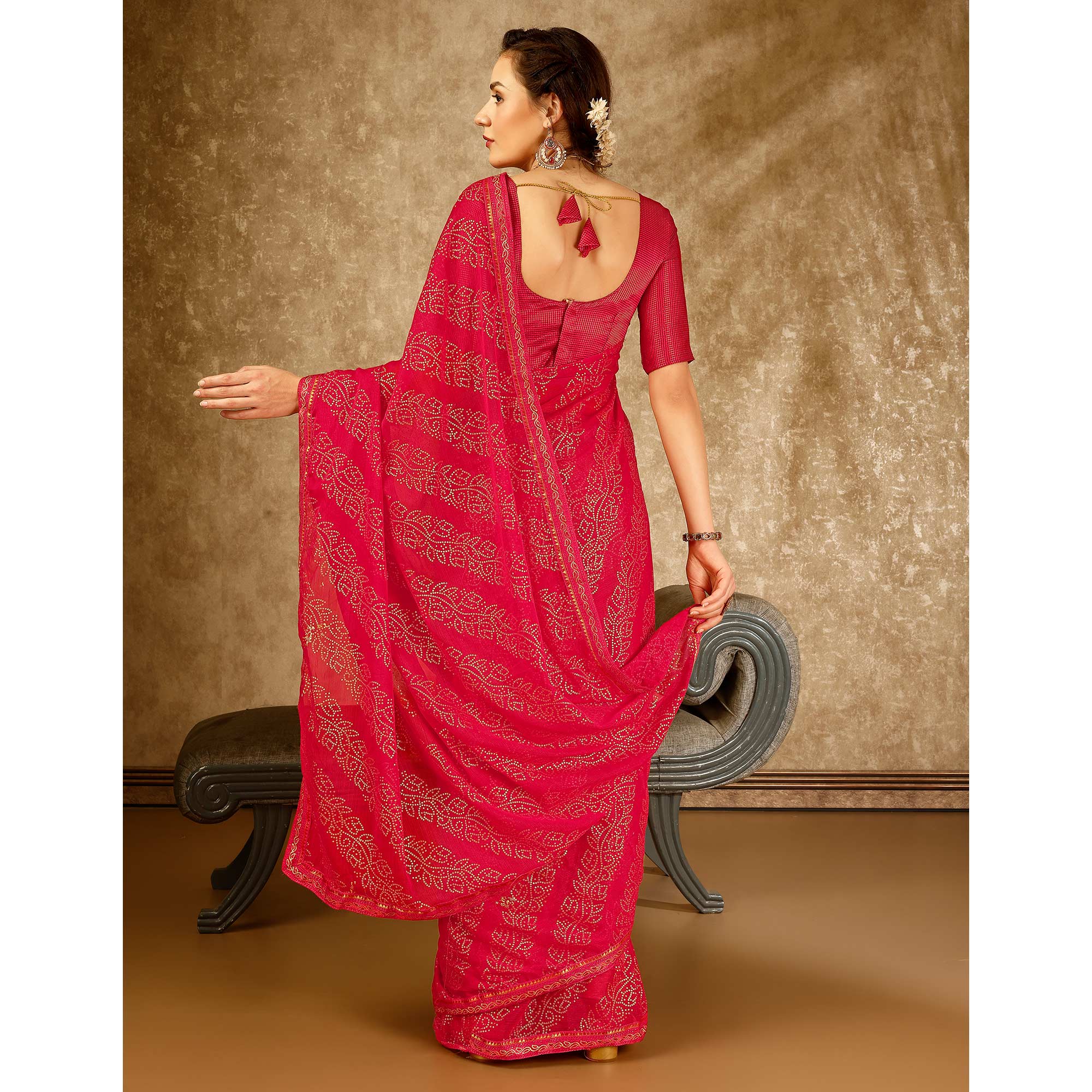 Pink Bandhani Foil Printed Chiffon Saree With Lace Border