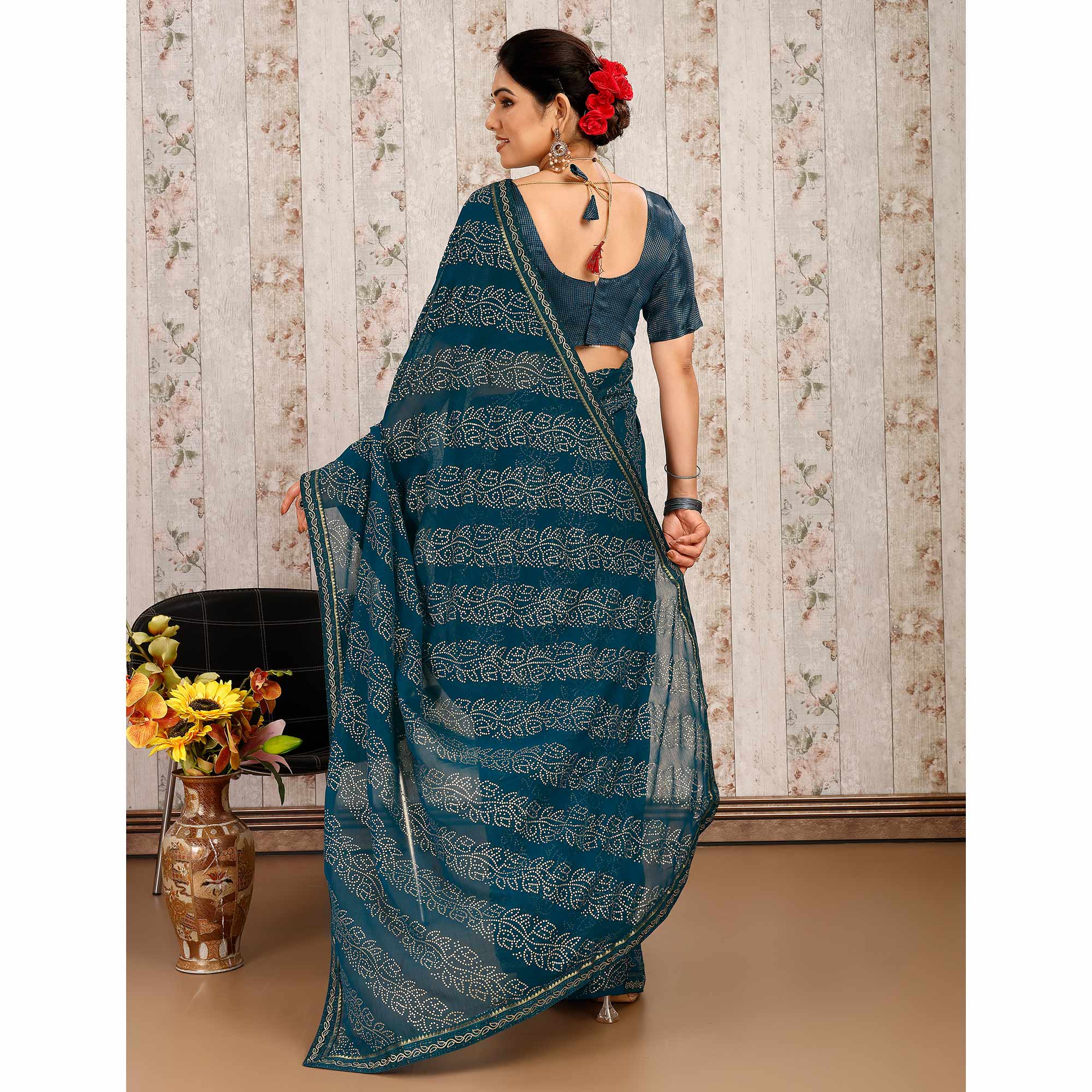 Blue Bandhani Foil Printed Chiffon Saree With Lace Border