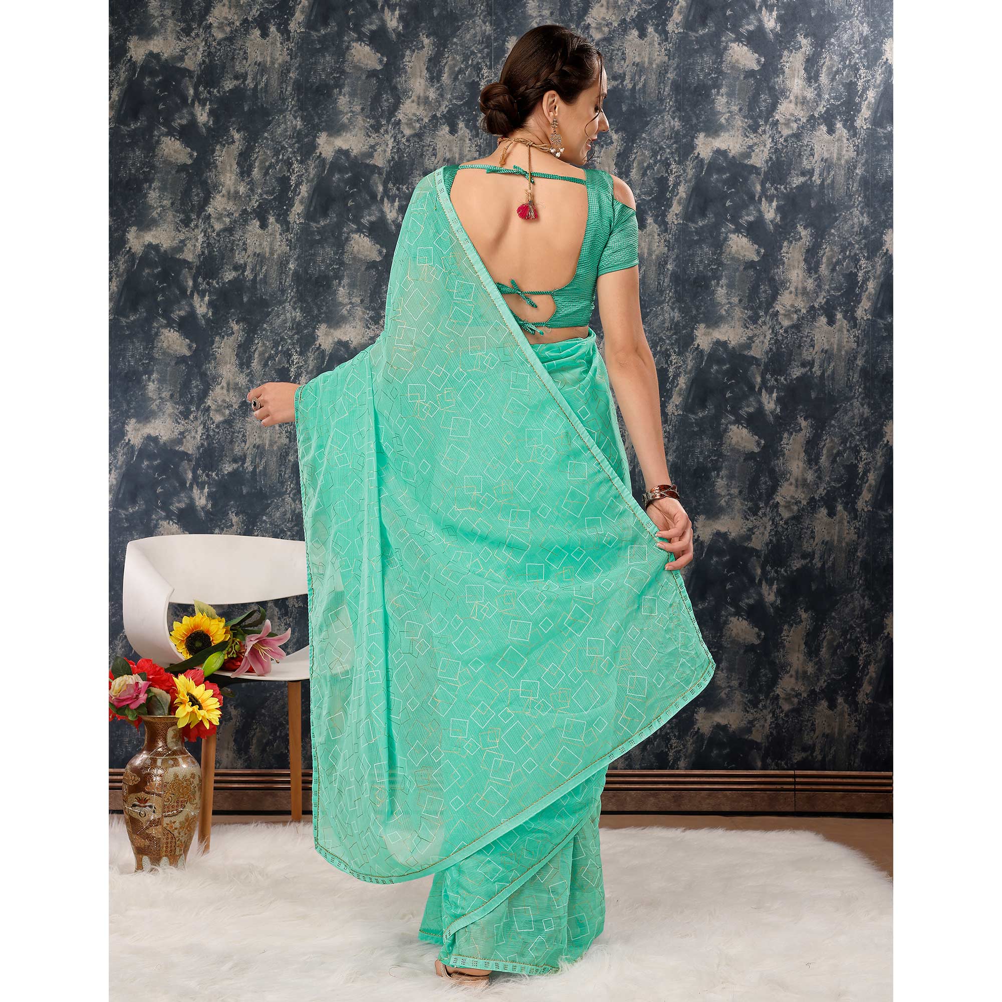 Sea Green Printed With Zari Work Chiffon Saree With Lace Border