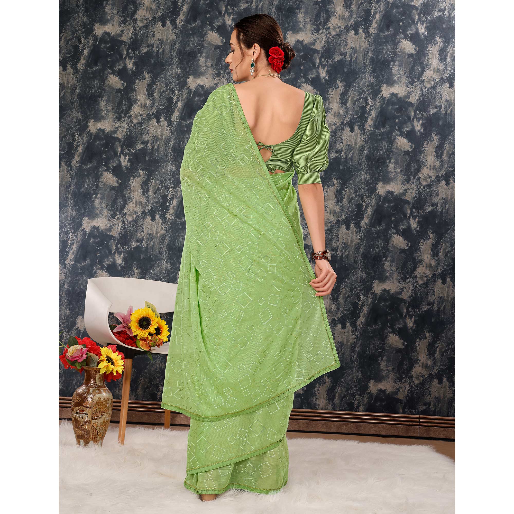 Green Printed With Zari Work Chiffon Saree With Lace Border