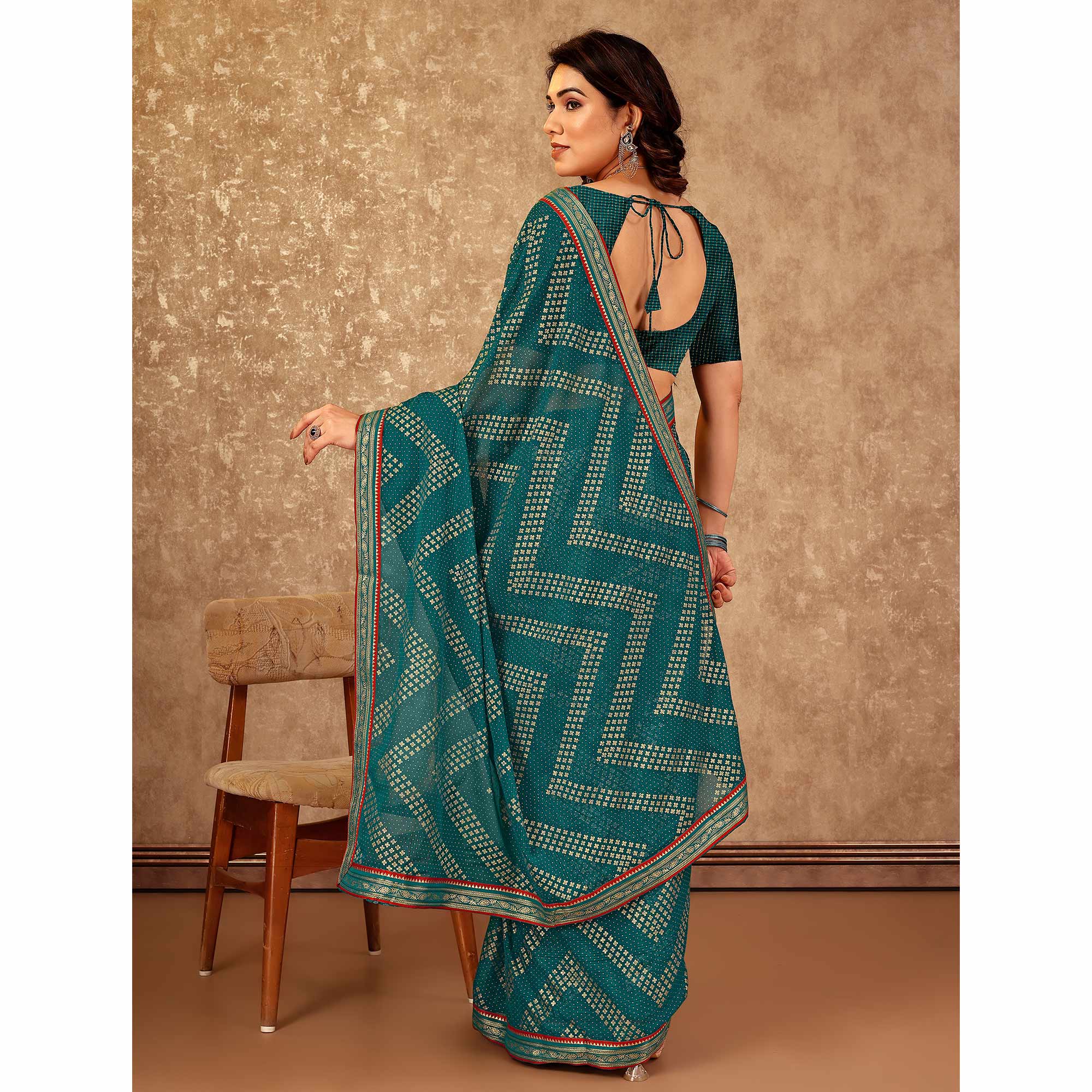 Teal Foil Printed Chiffon Saree With Lace Border