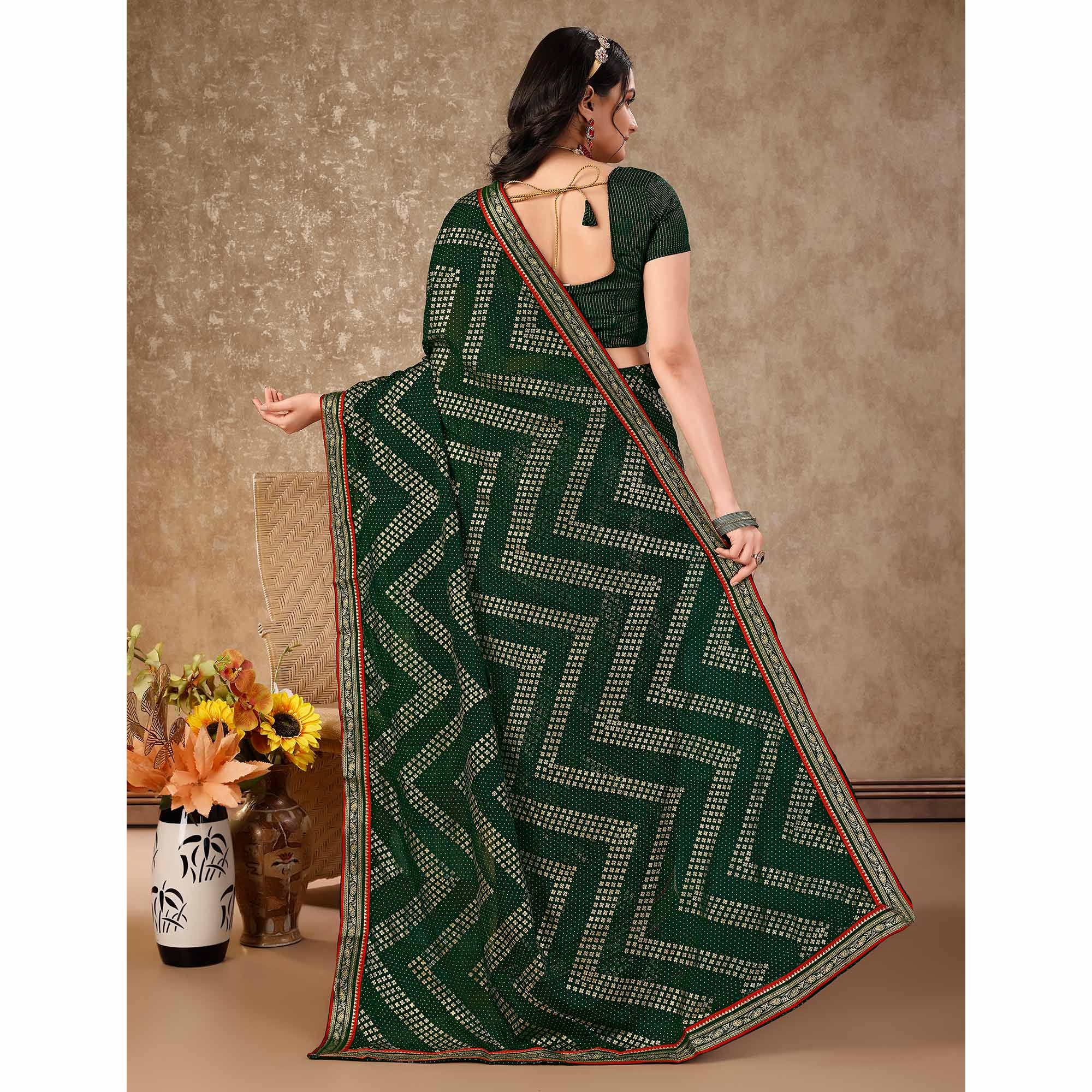 Green Foil Printed Chiffon Saree With Lace Border