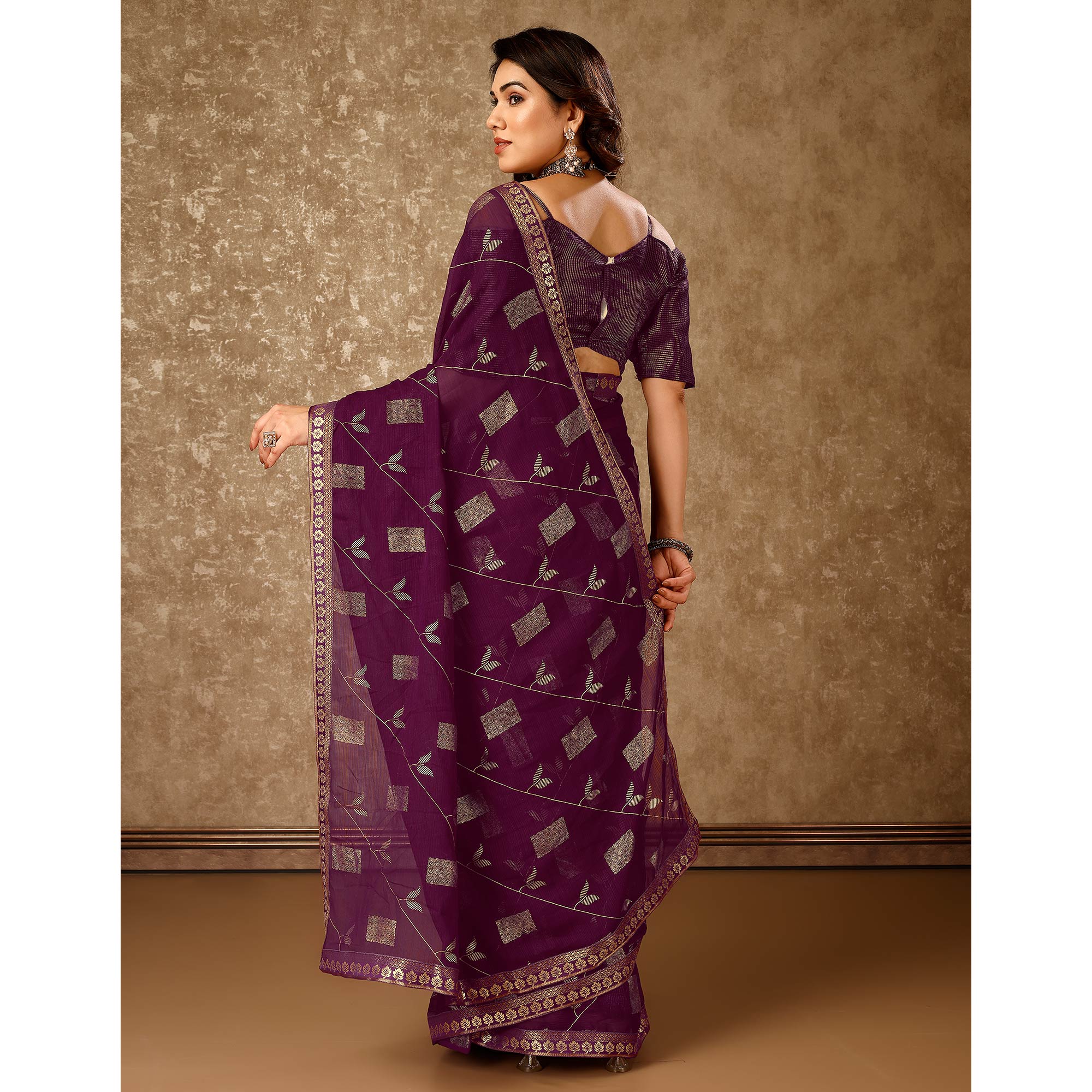 Purple Floral Foil Printed Chiffon Saree With Lace Border