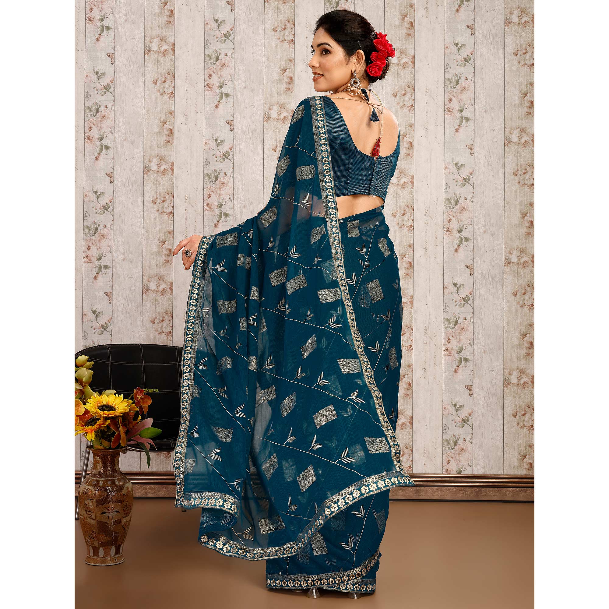 Morpich Floral Foil Printed Chiffon Saree With Lace Border