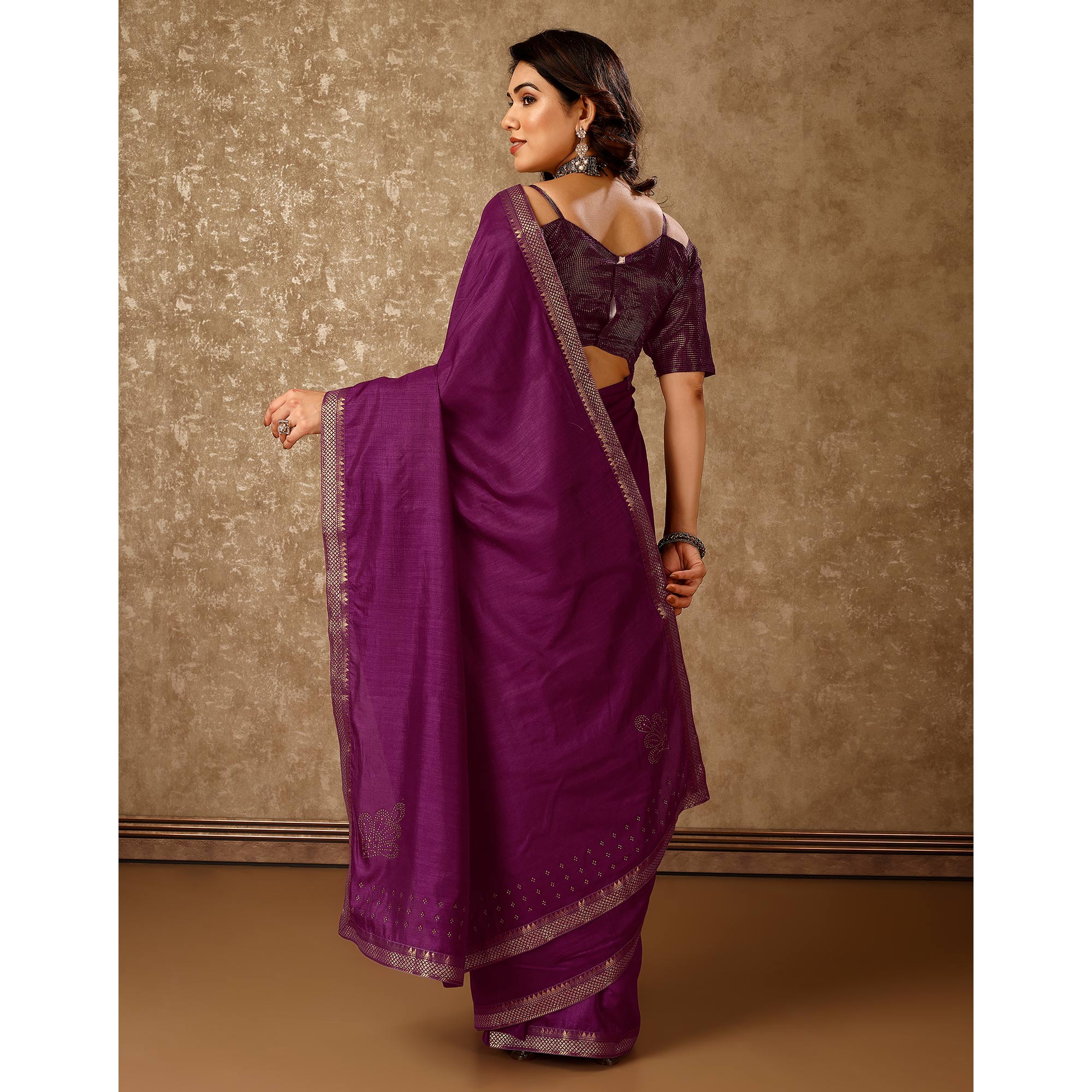 Purple Swarovski Work Vichitra Silk Saree With Lace Border