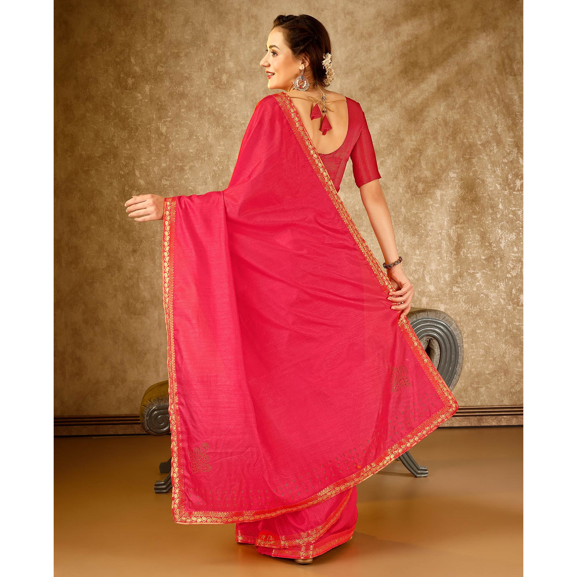 Pink Swarovski Work Vichitra Silk Saree With Lace Border