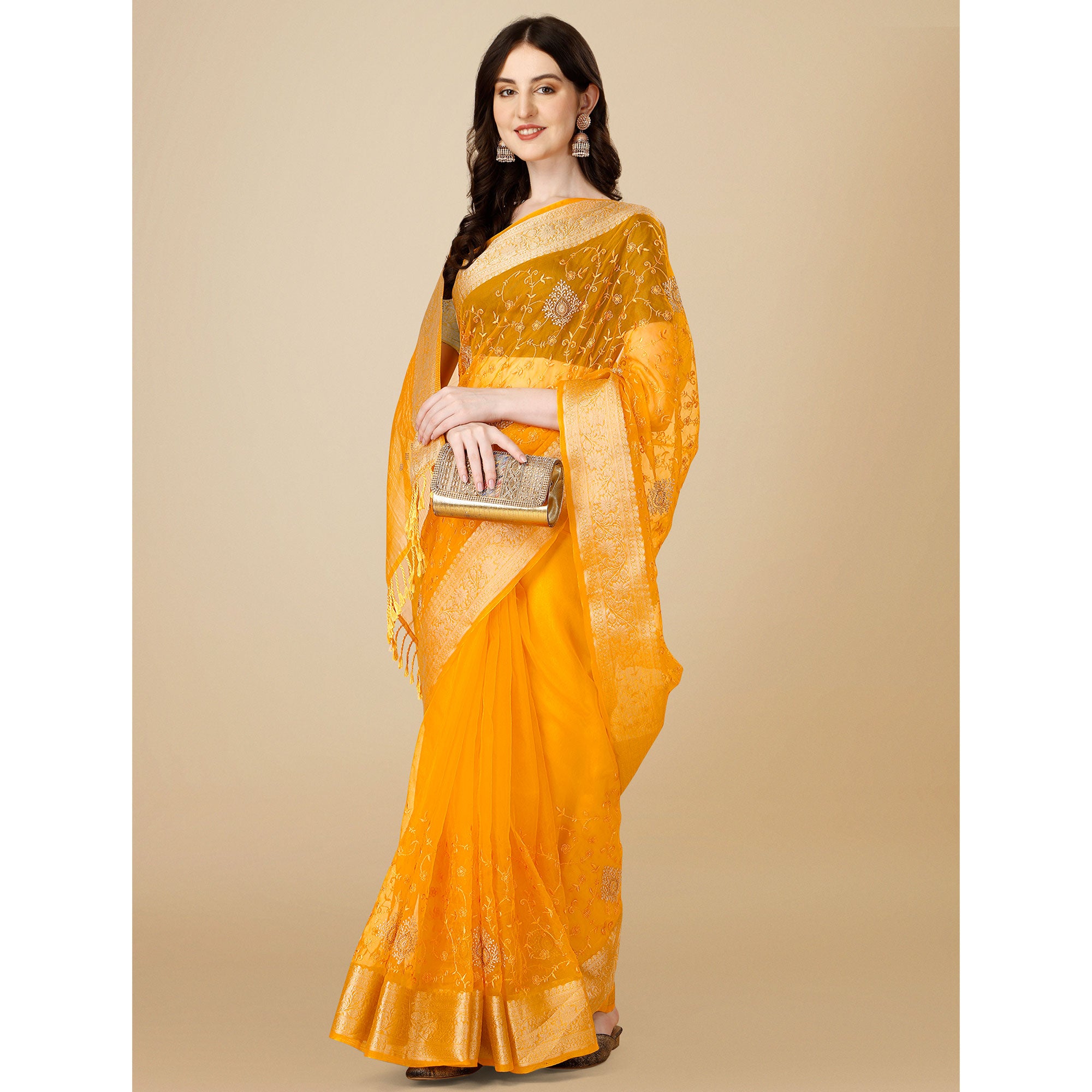 Yellow Floral Embroidered Organza Saree