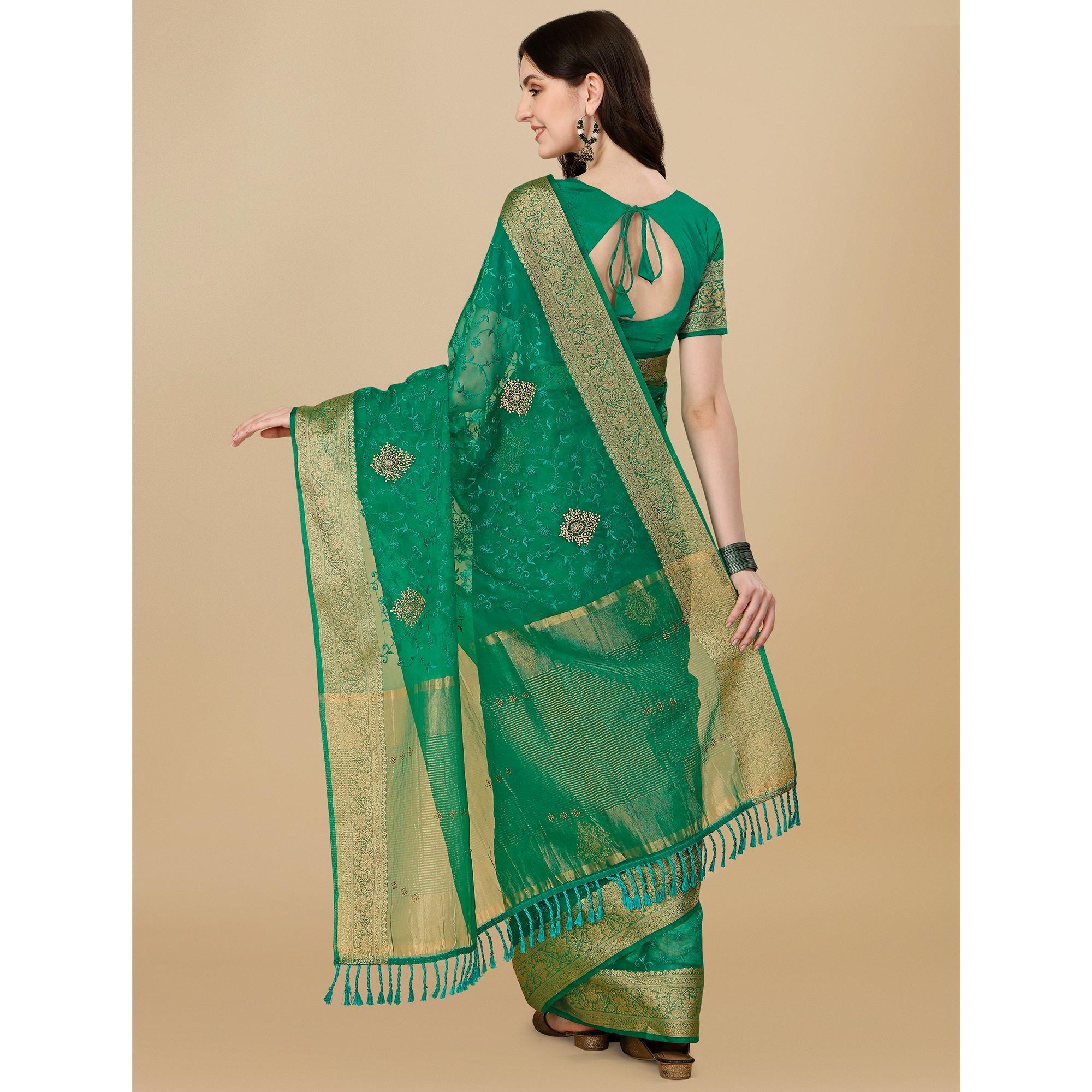 Green Floral Embroidered Organza Saree