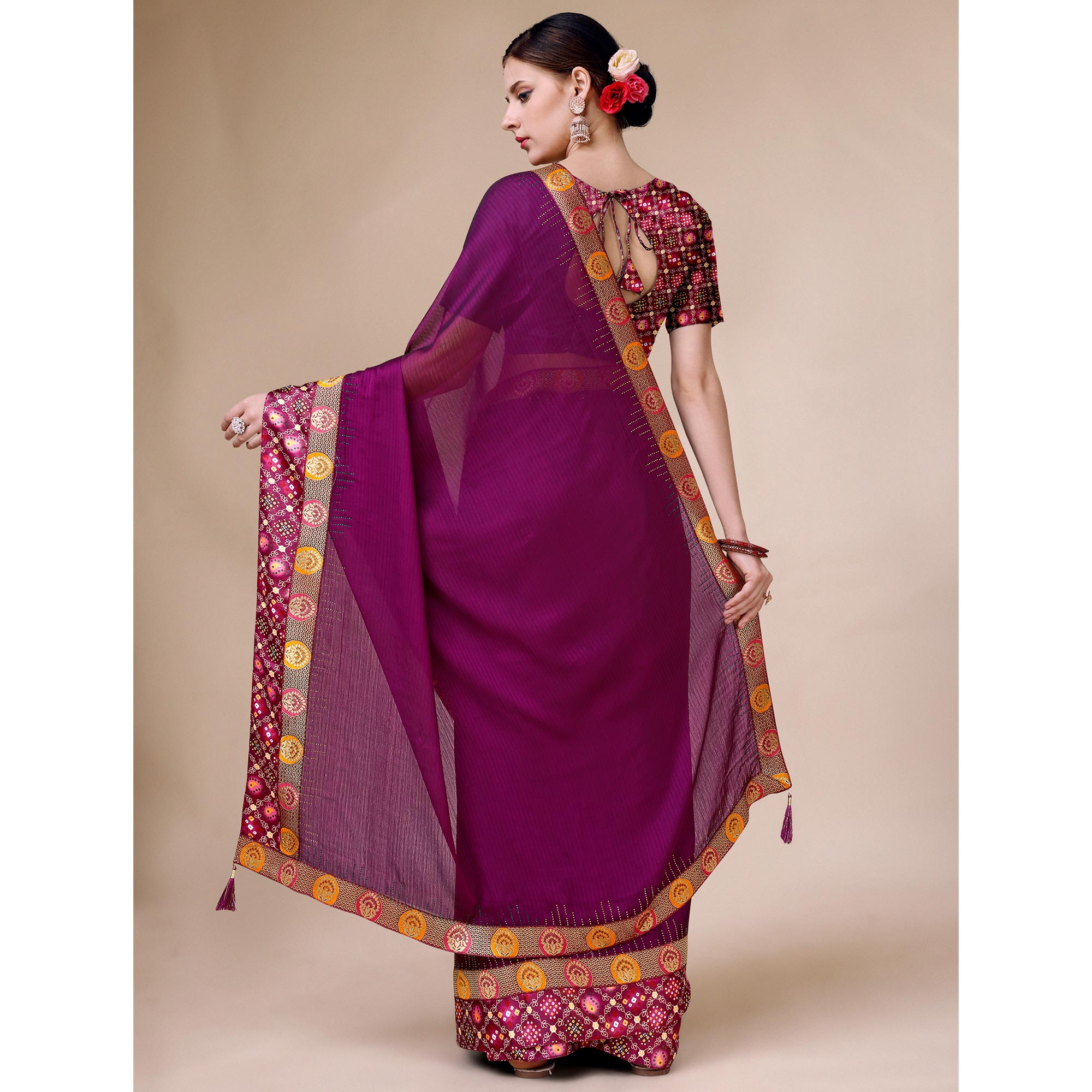 Purple Swarovski With Bandhani Printed Border Art Silk Saree