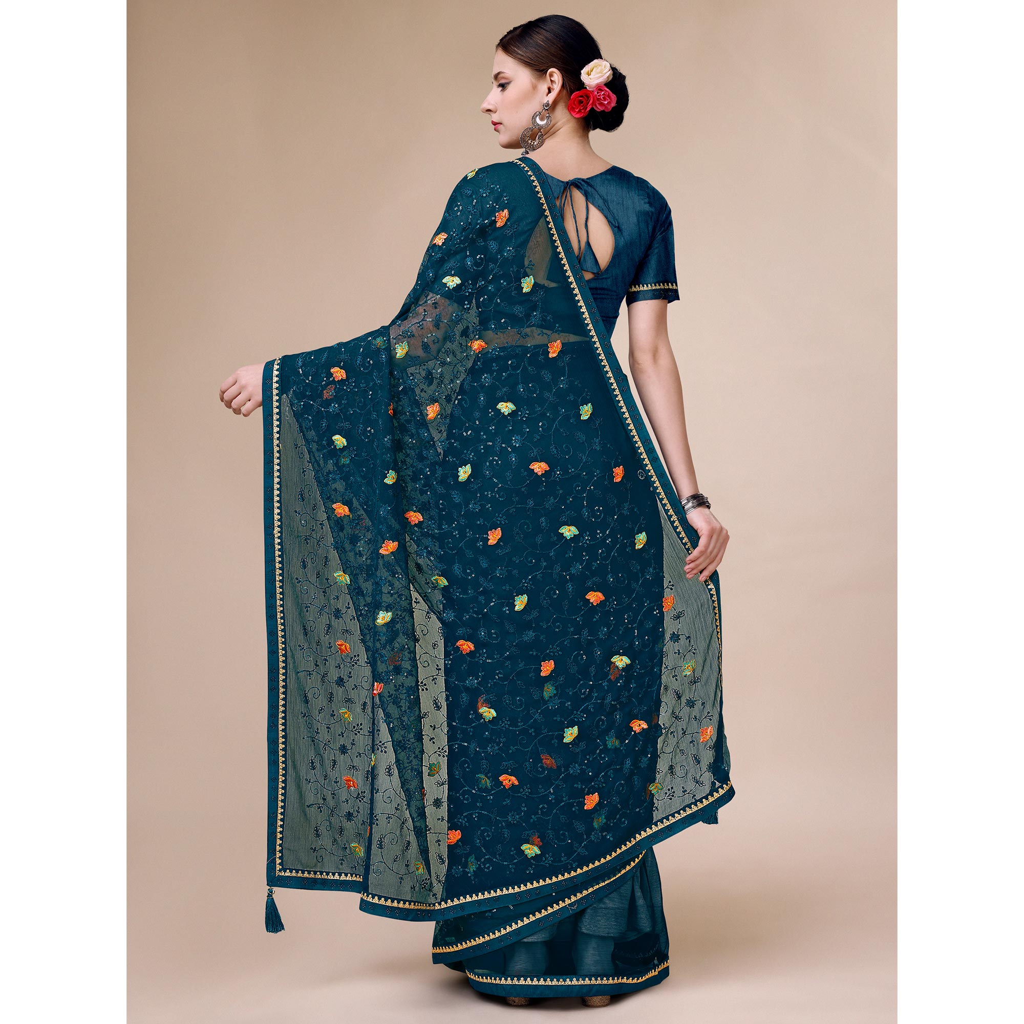 Teal Blue Floral Embroidered Chiffon Saree