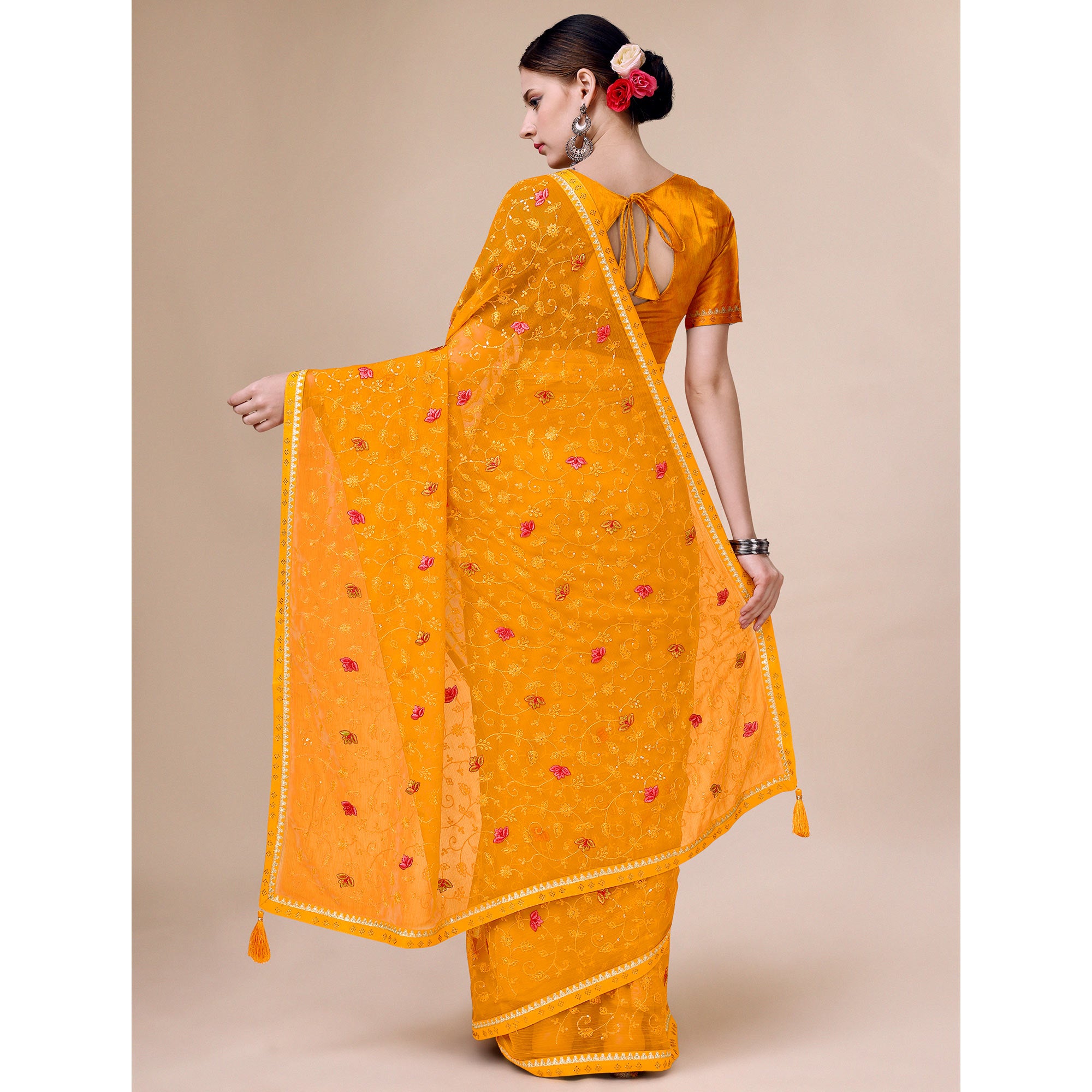 Mustard Floral Embroidered Chiffon Saree