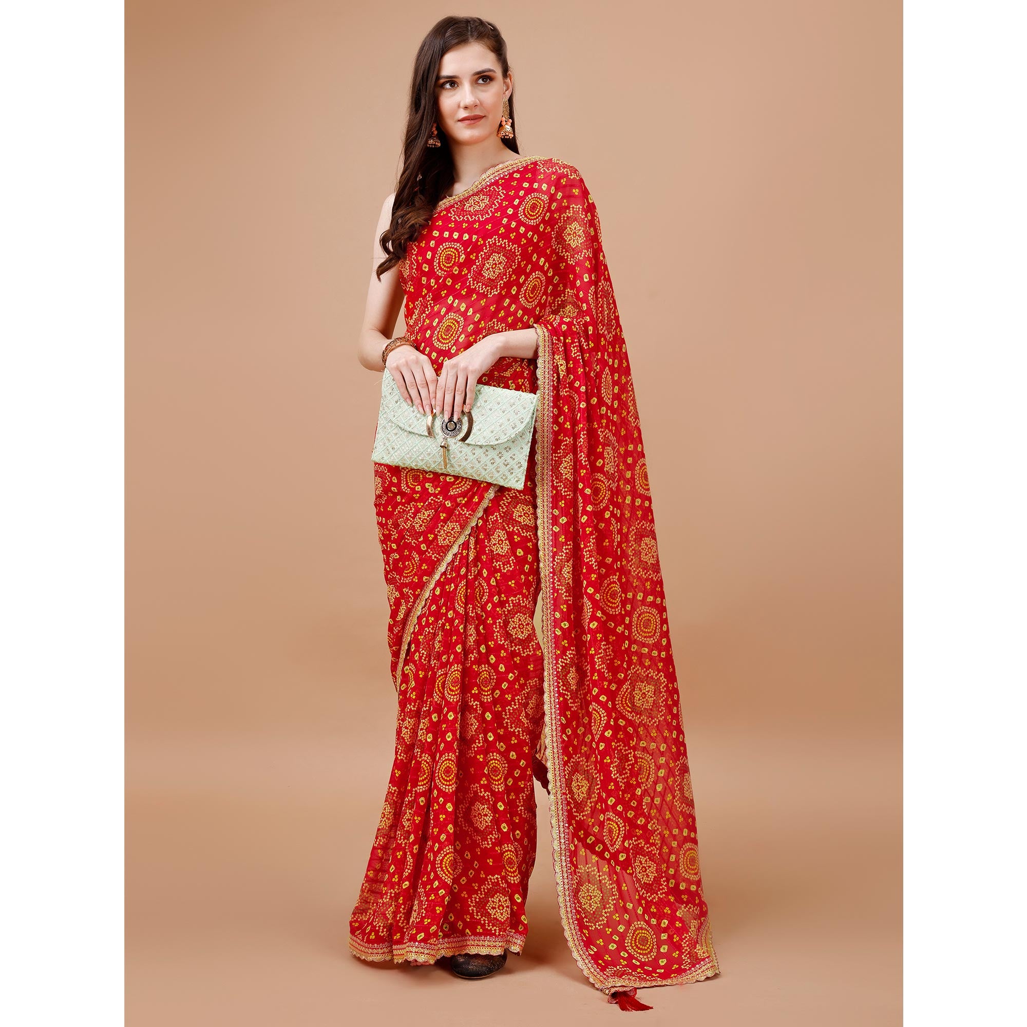 Red Bandhani Printed Georgette Saree