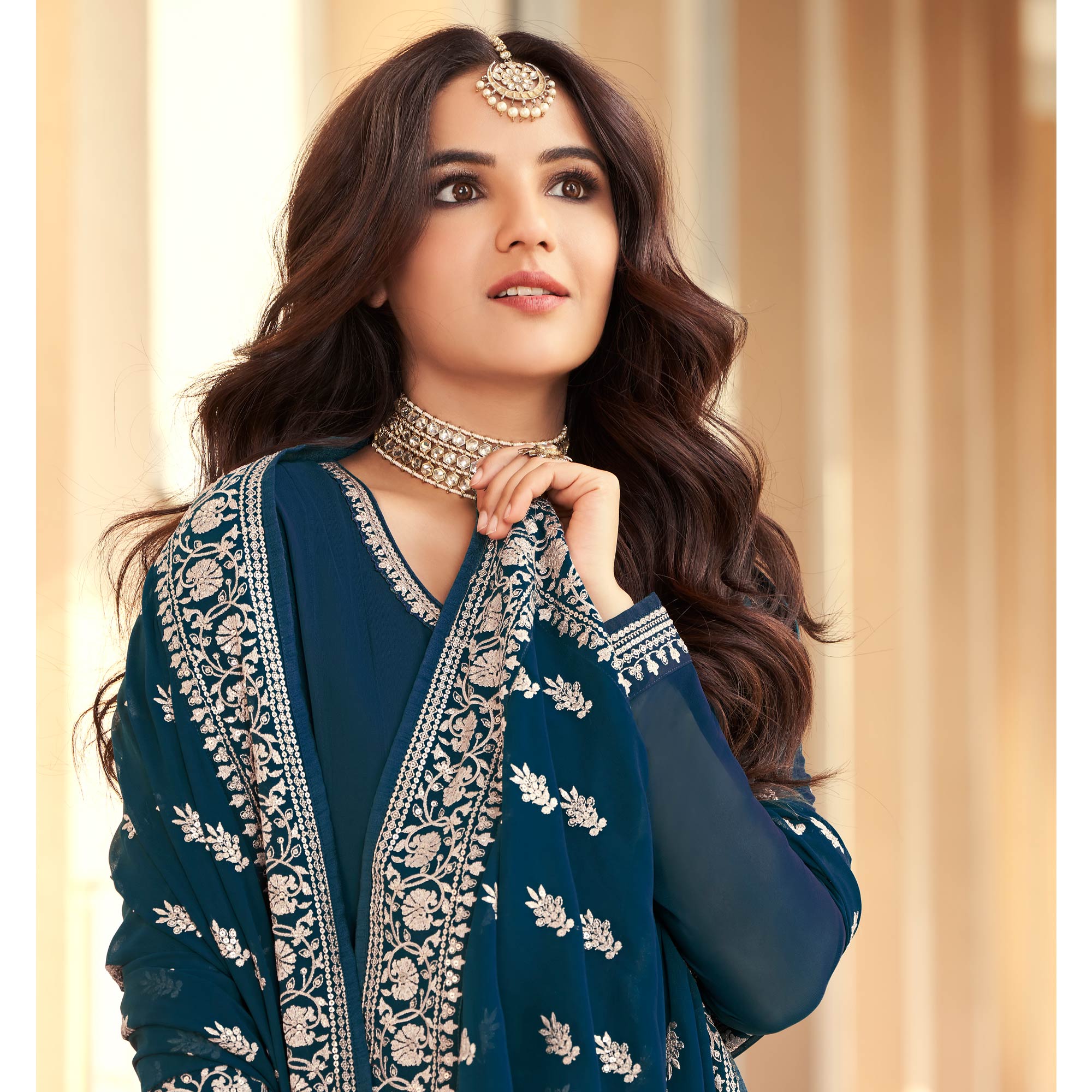 Blue Sequins Embroidered Georgette Semi Stitched Anarkali Suit