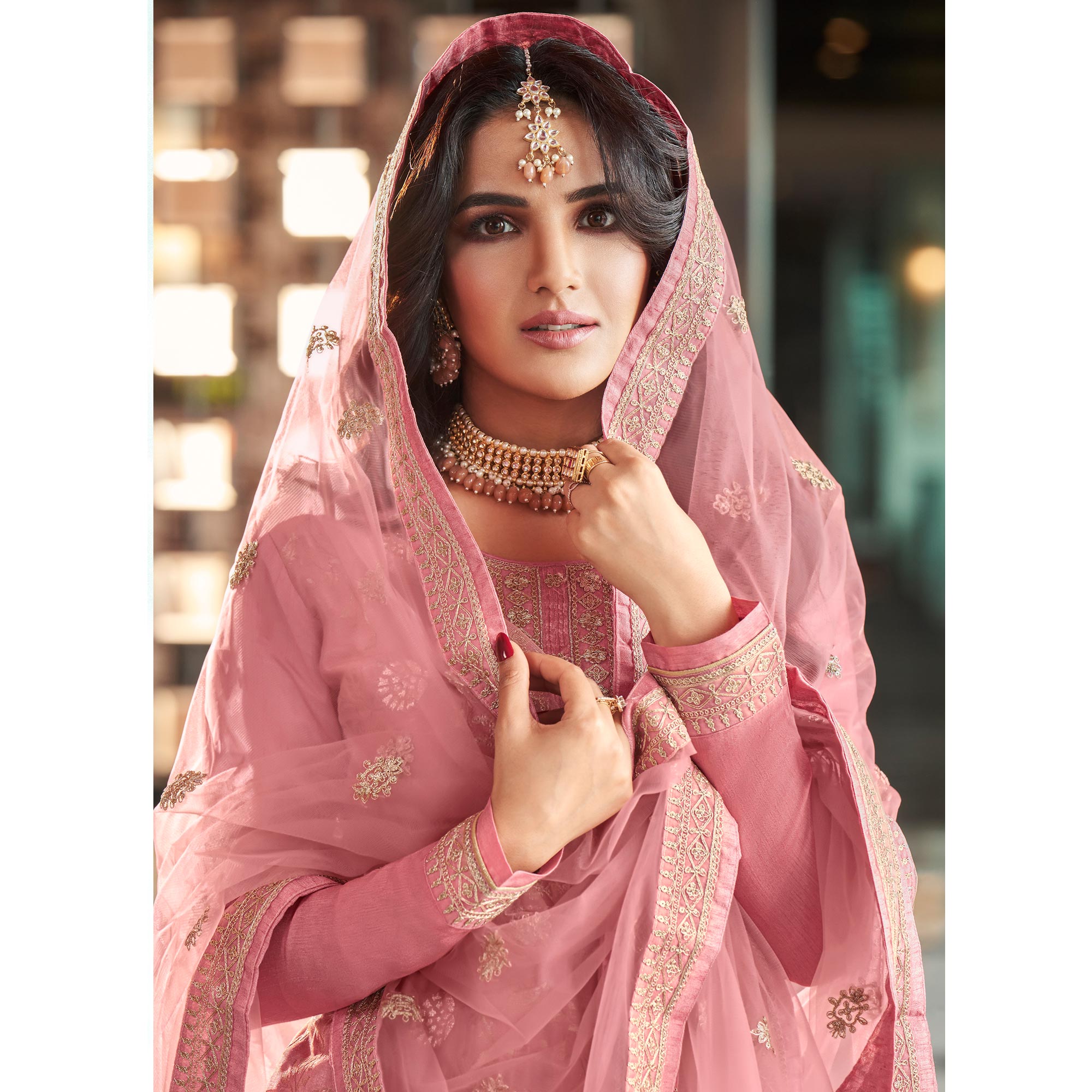 Pink Embroidered Viscose Semi Stitched Salwar Suit