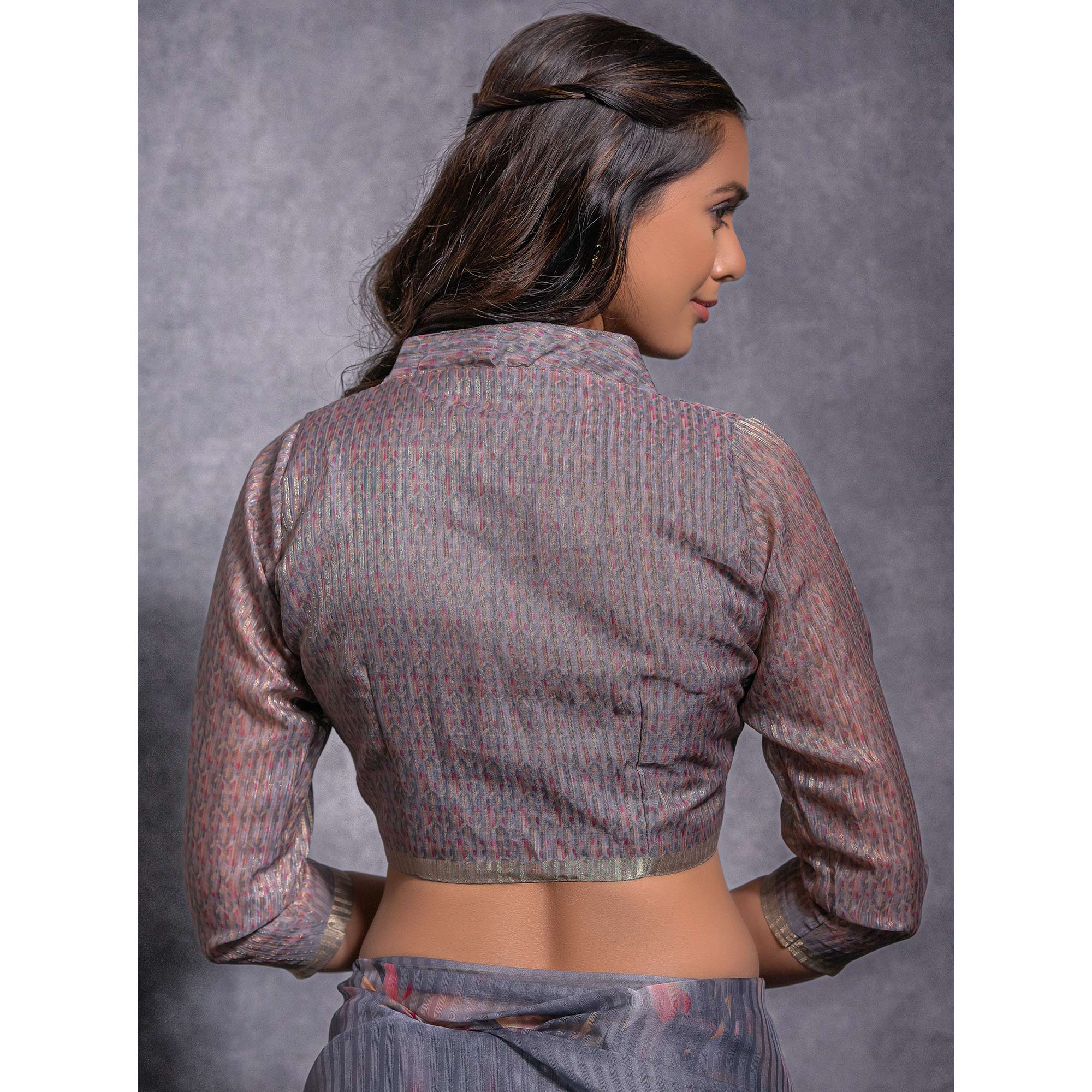 Grey Digital Printed Linen Saree With Woven Border