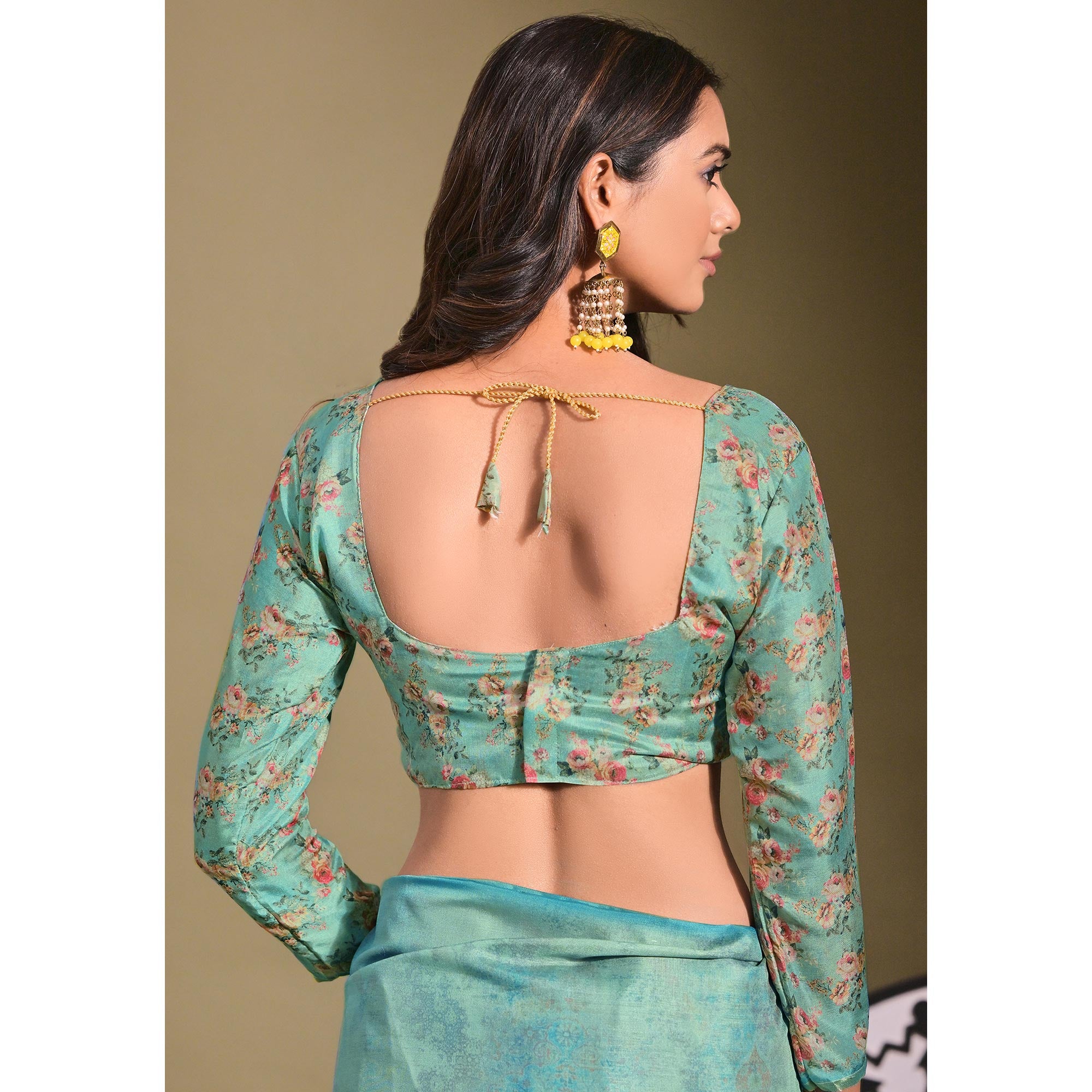 Turquoise Floral Digital Printed Tussar Silk Saree