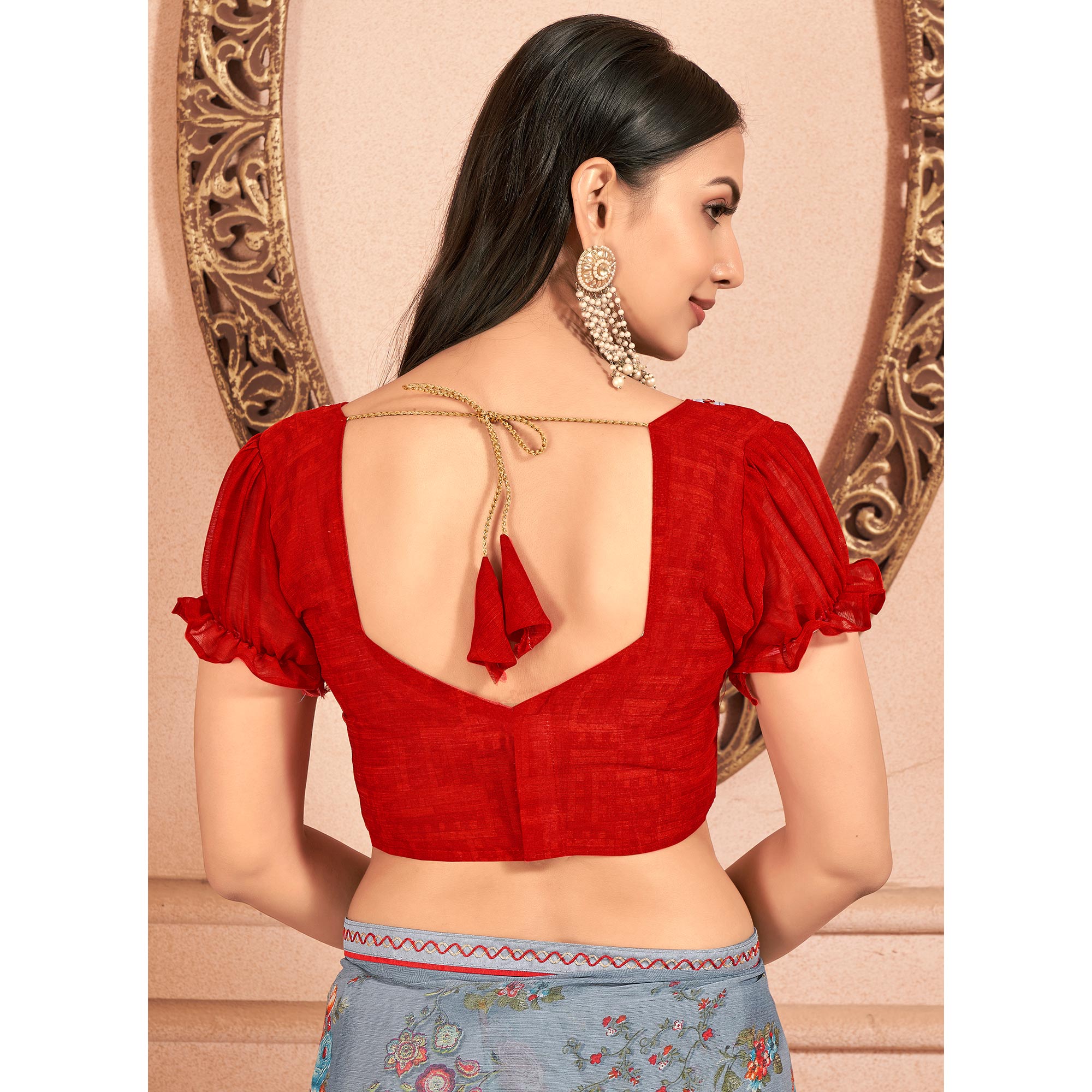 Grey Floral Printed Chiffon Saree With Lace Border