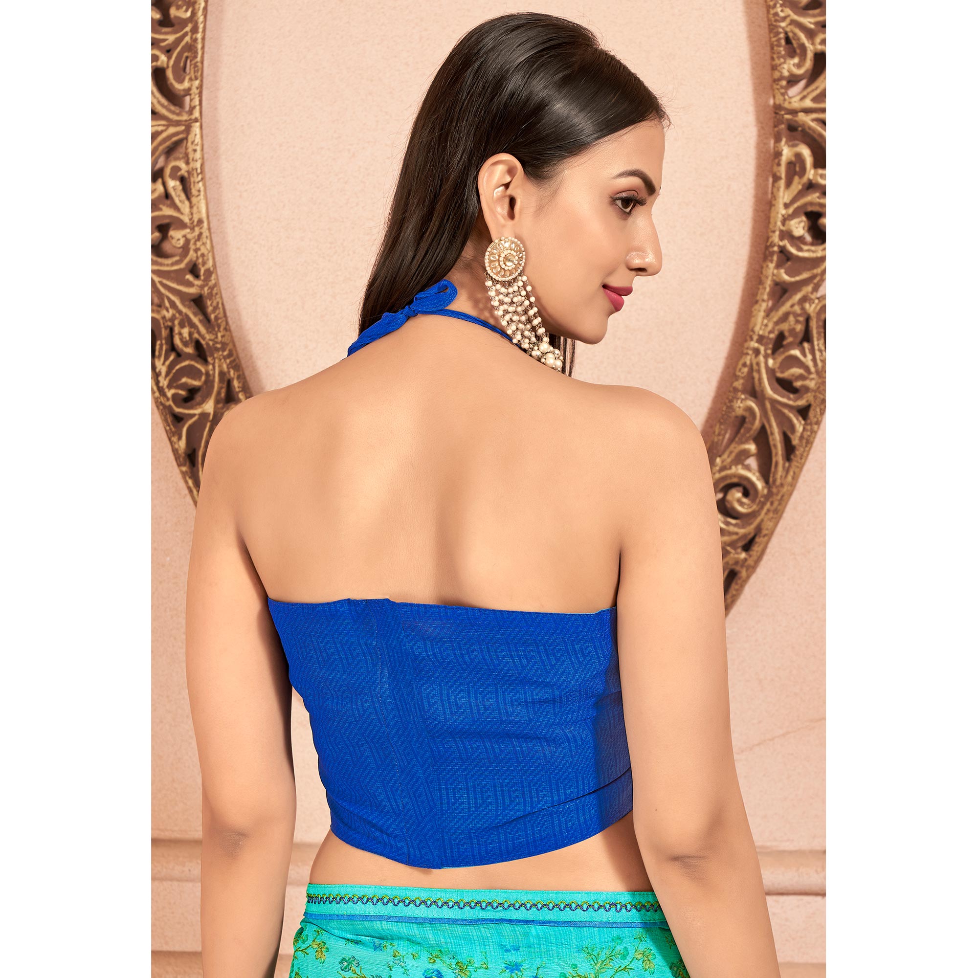 Turquoise Floral Printed Chiffon Saree With Lace Border