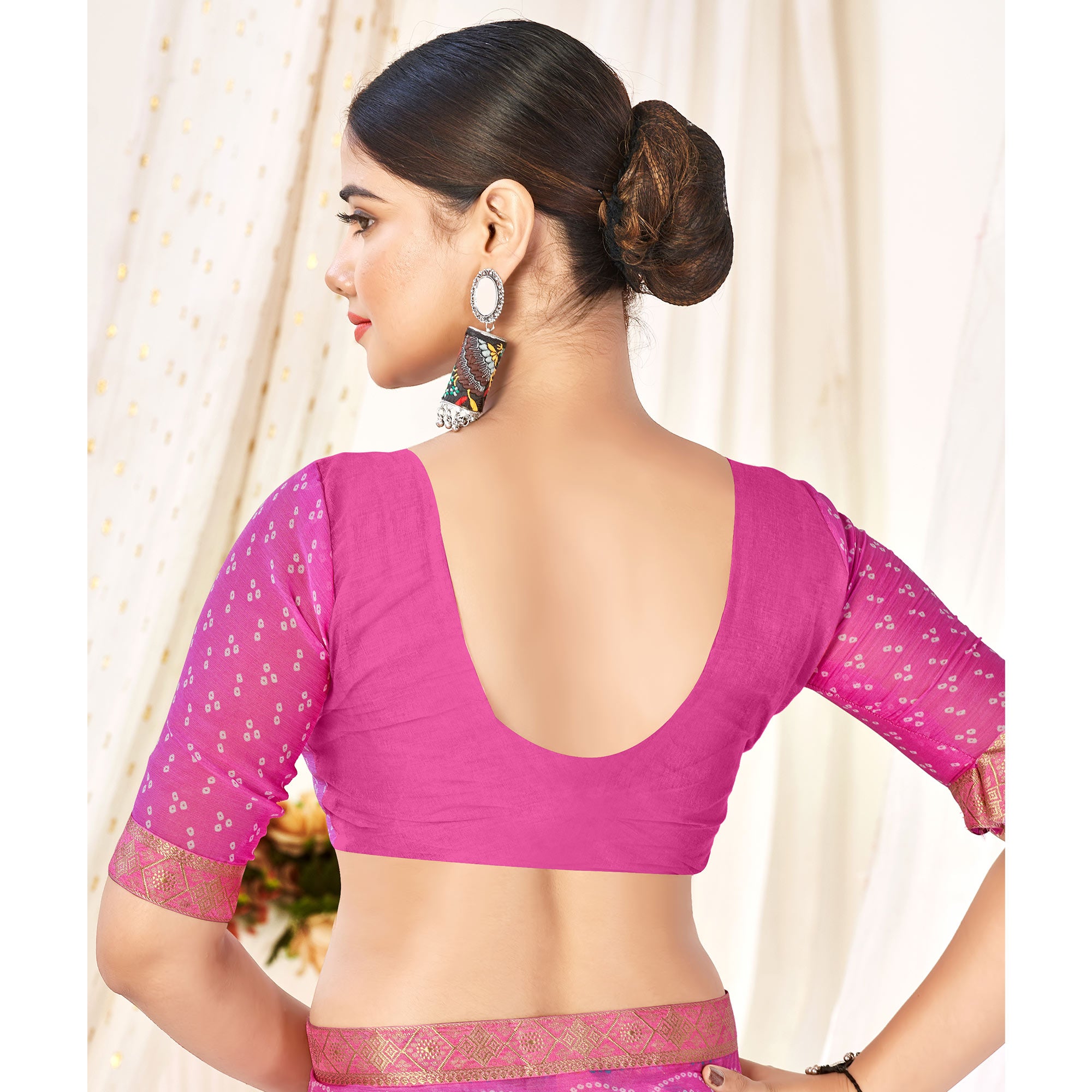 Pink Bandhani Printed Chiffon Saree