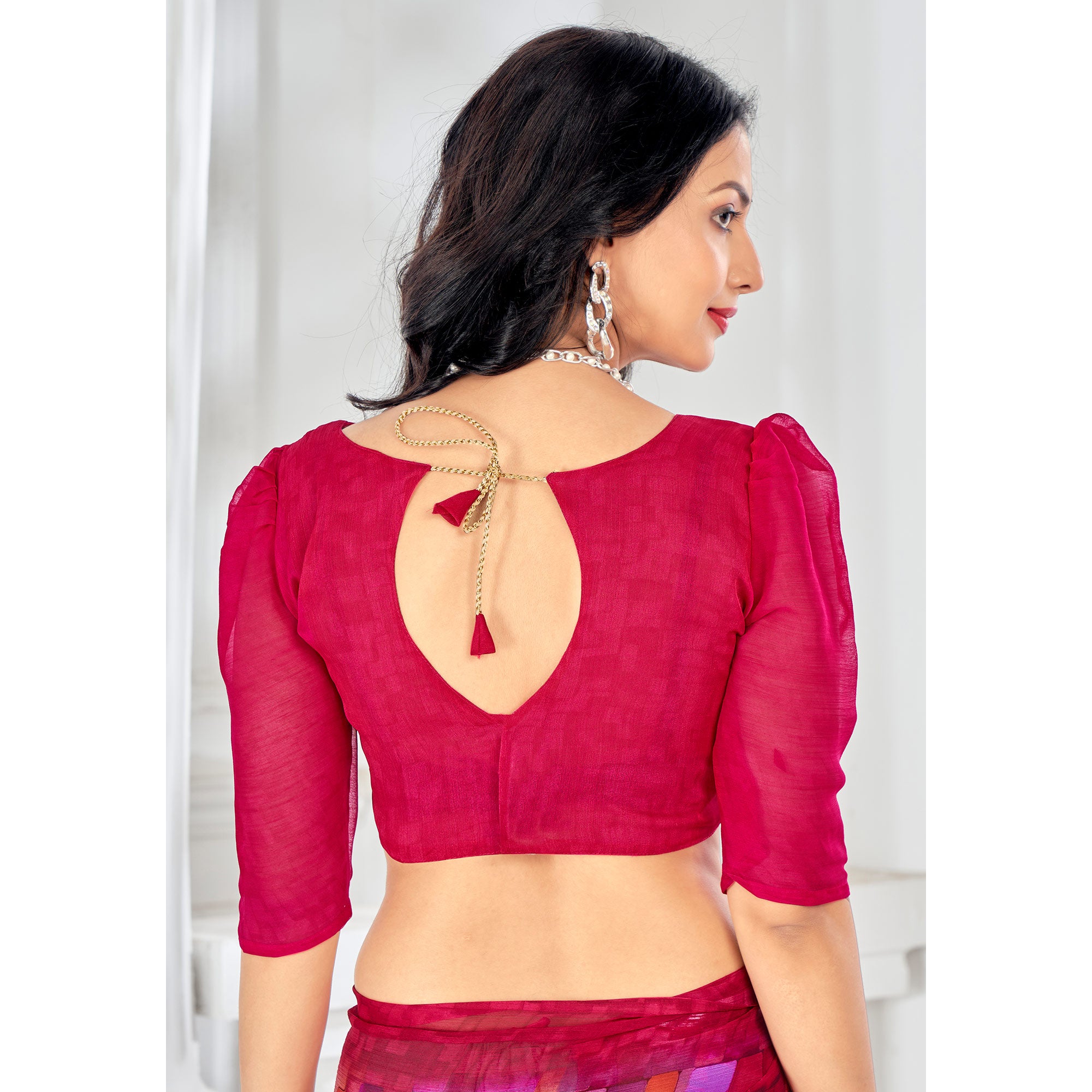 Rani pink Printed Chiffon Saree