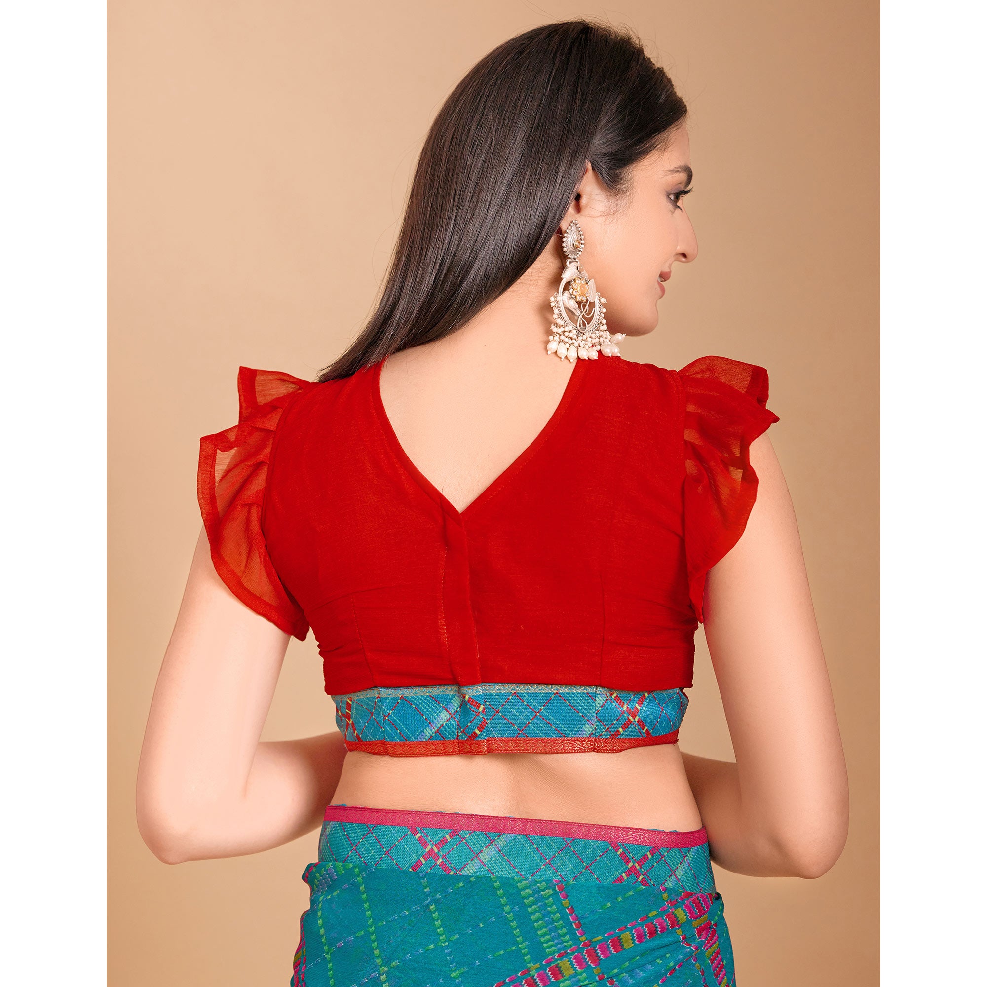 Teal Geometric Printed Chiffon Saree