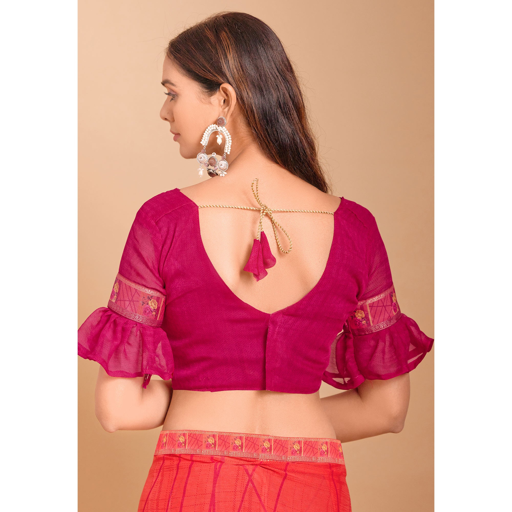 Peach Geometric Printed Chiffon Saree