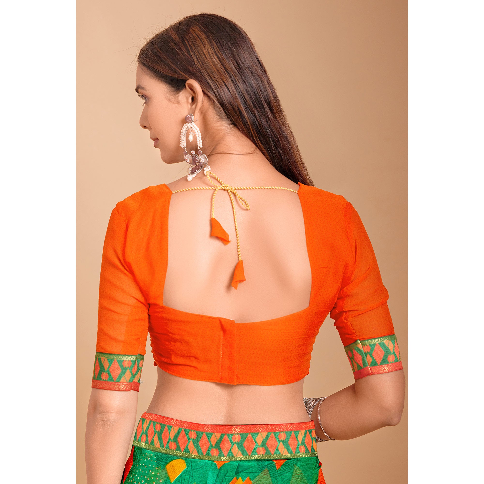 Green Geometric Printed Chiffon Saree