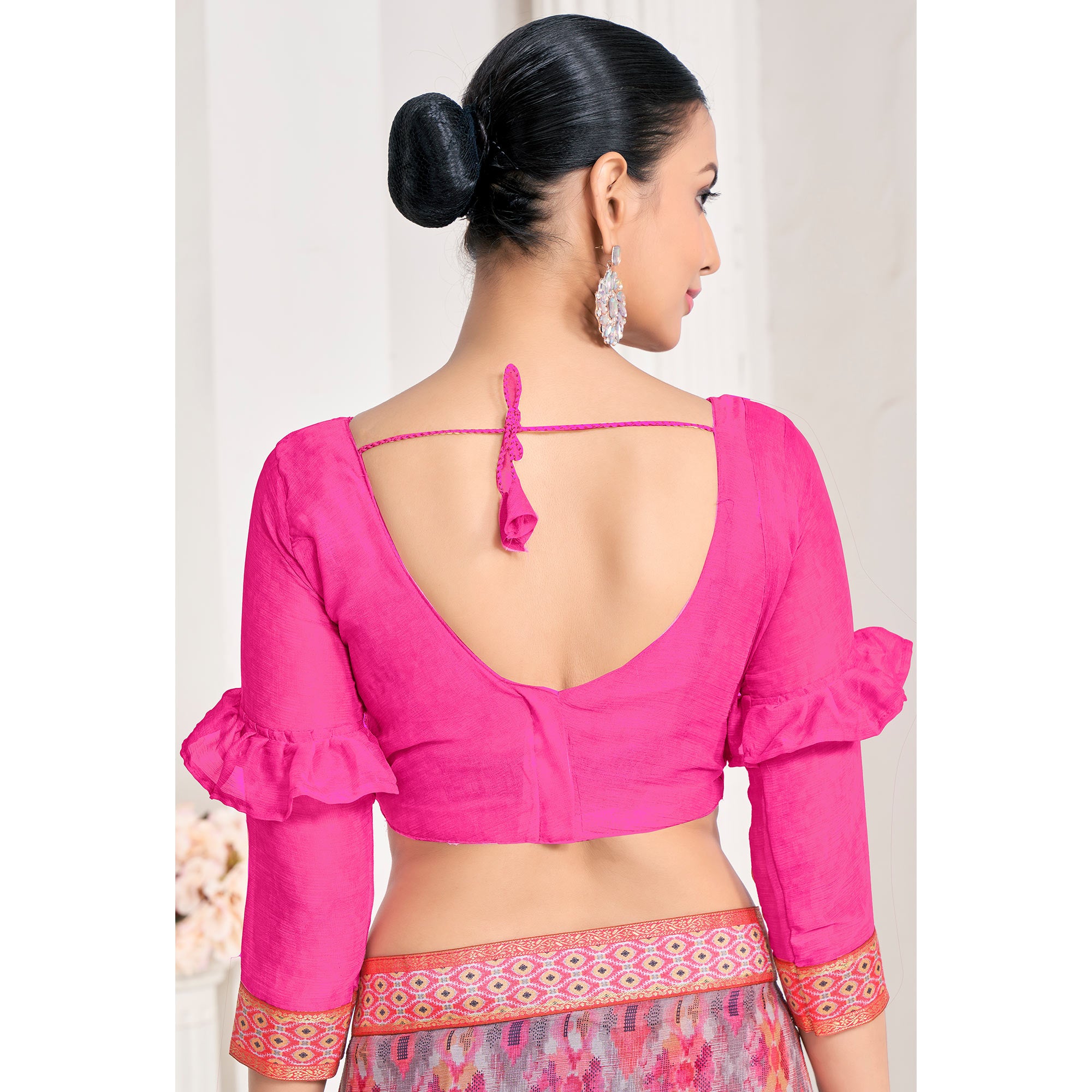 Pink Printed Chiffon Saree With Lace Border