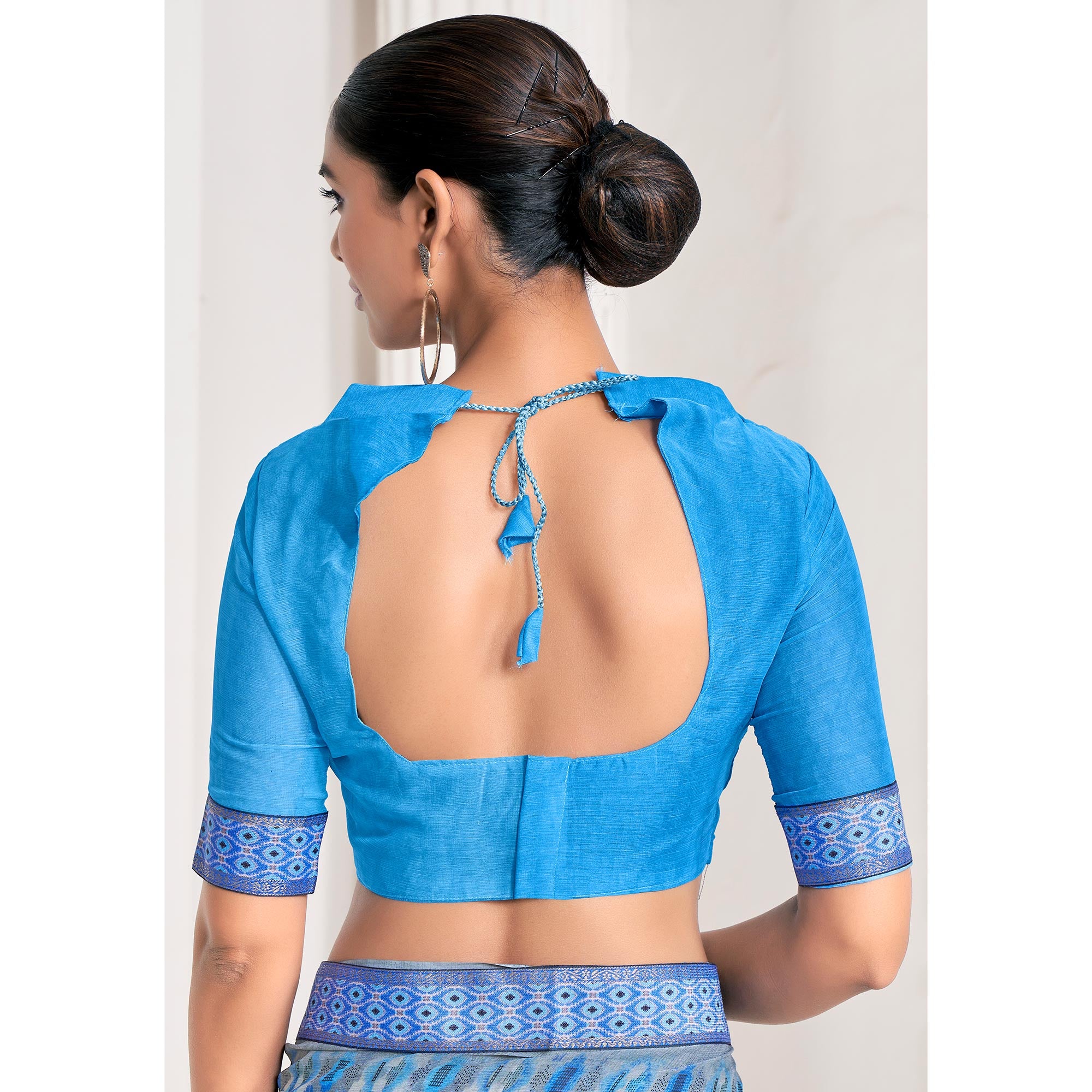 Blue Printed Chiffon Saree With Lace Border
