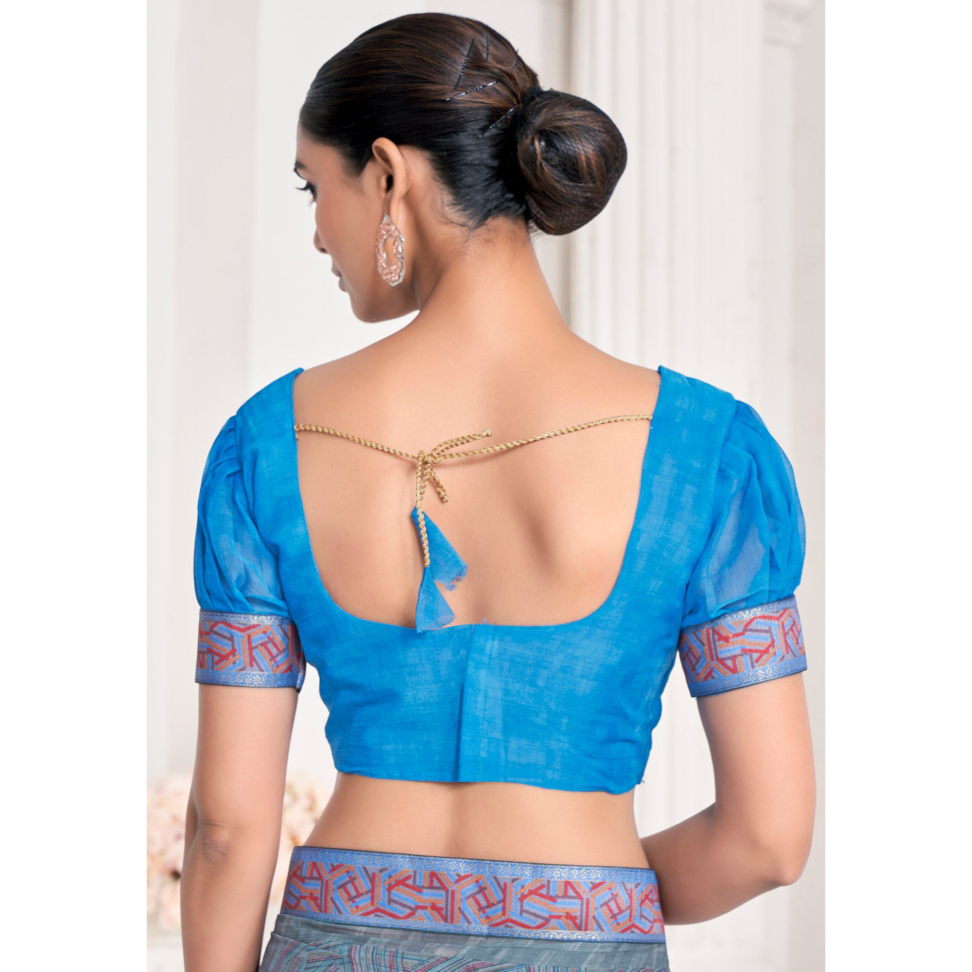 Bluish Grey Geometric Printed Chiffon Saree With Lace Border