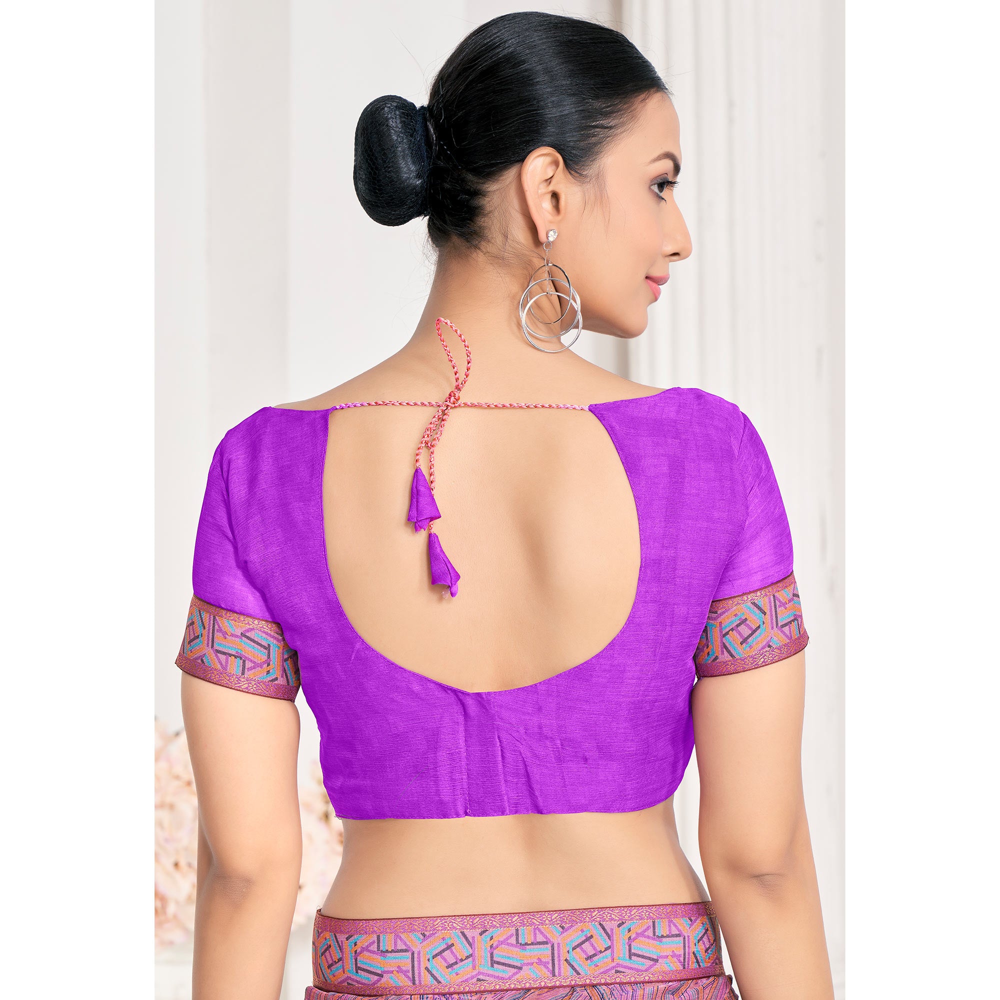 Purple Geometric Printed Chiffon Saree With Lace Border