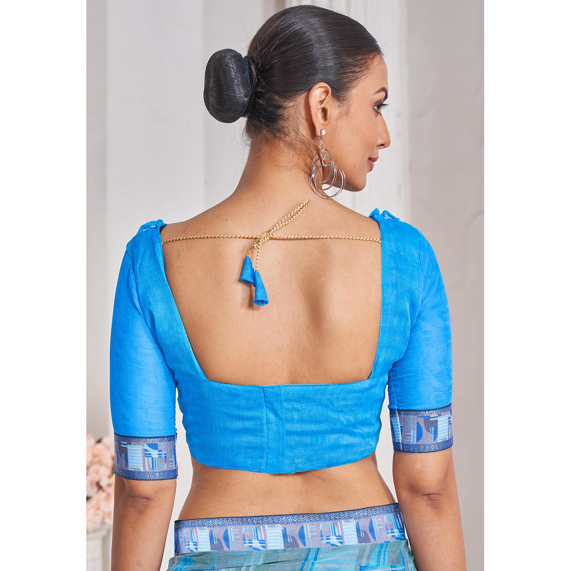 Sky Blue Geometric Printed Chiffon Saree With Lace Border