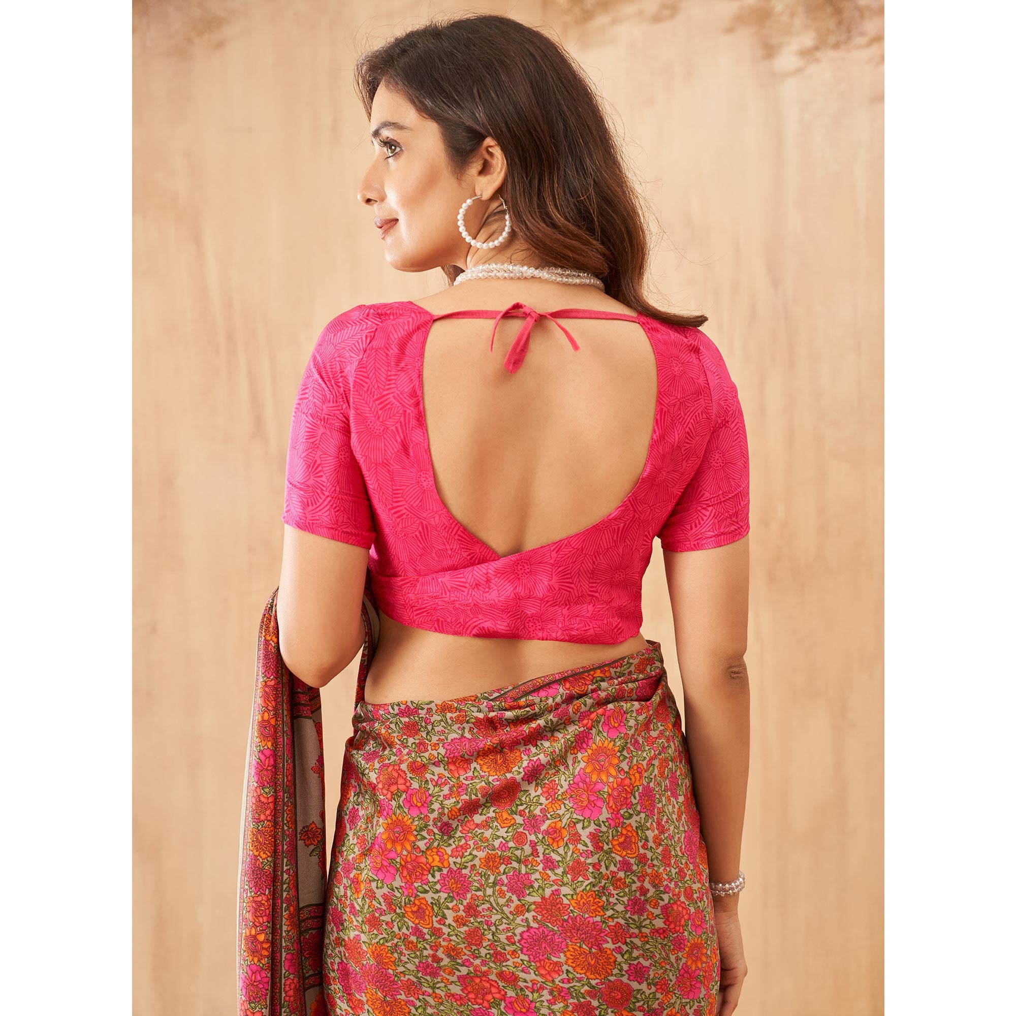 Pink Floral Printed Crepe Saree