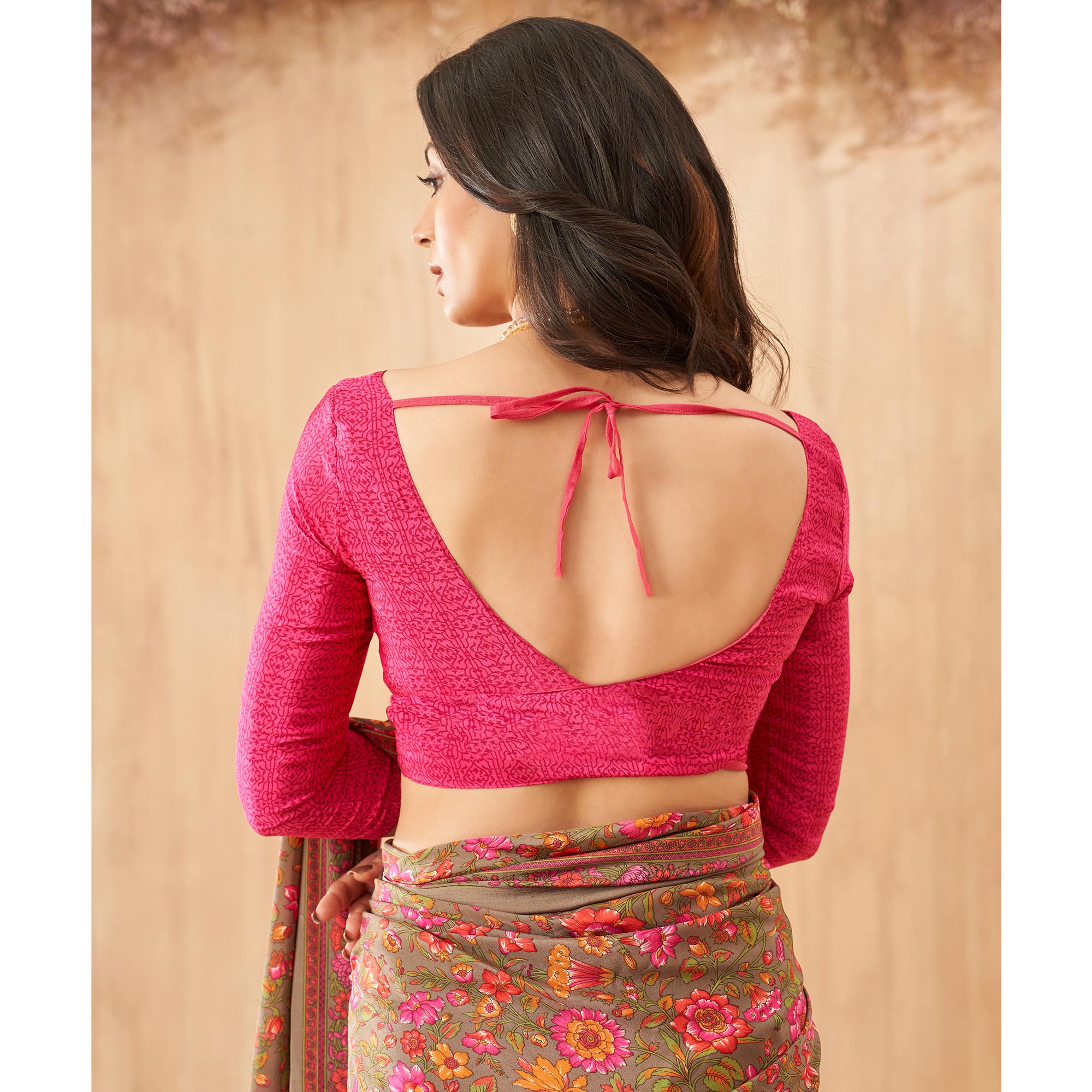 Pink Floral Printed Crepe Saree