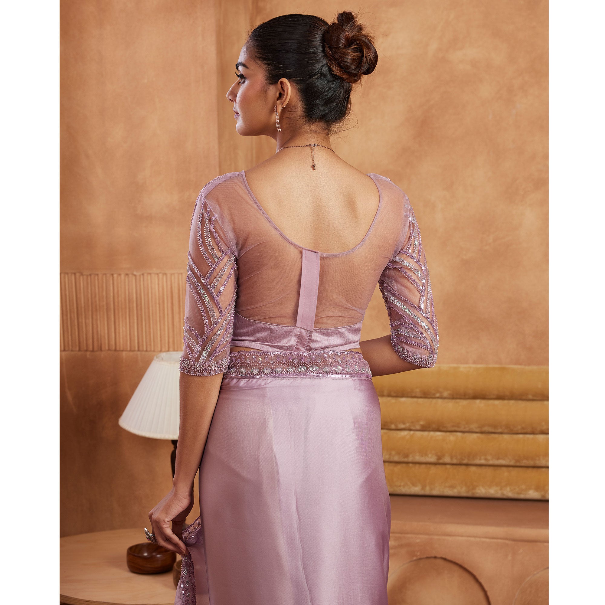 Pastel Purple Sequins Embroidered Satin Silk Saree