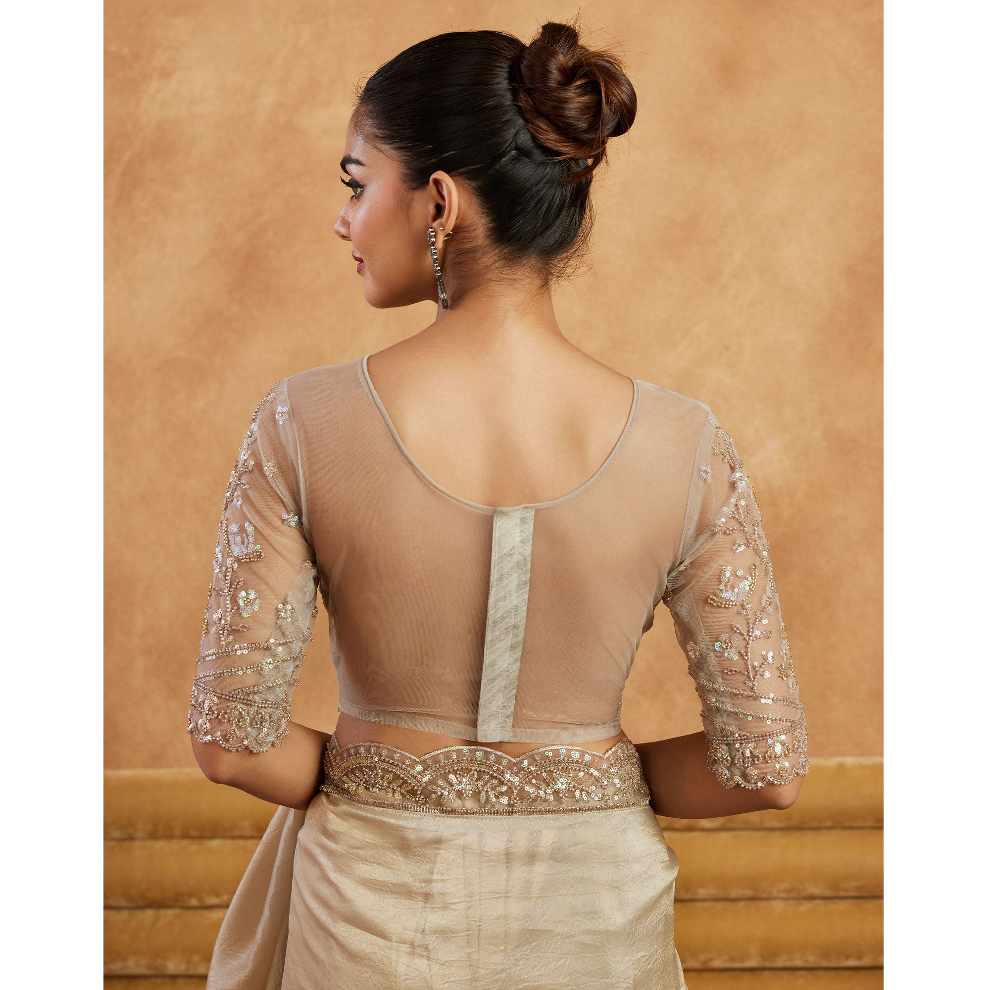 Beige Sequins Embroidered Satin Silk Saree