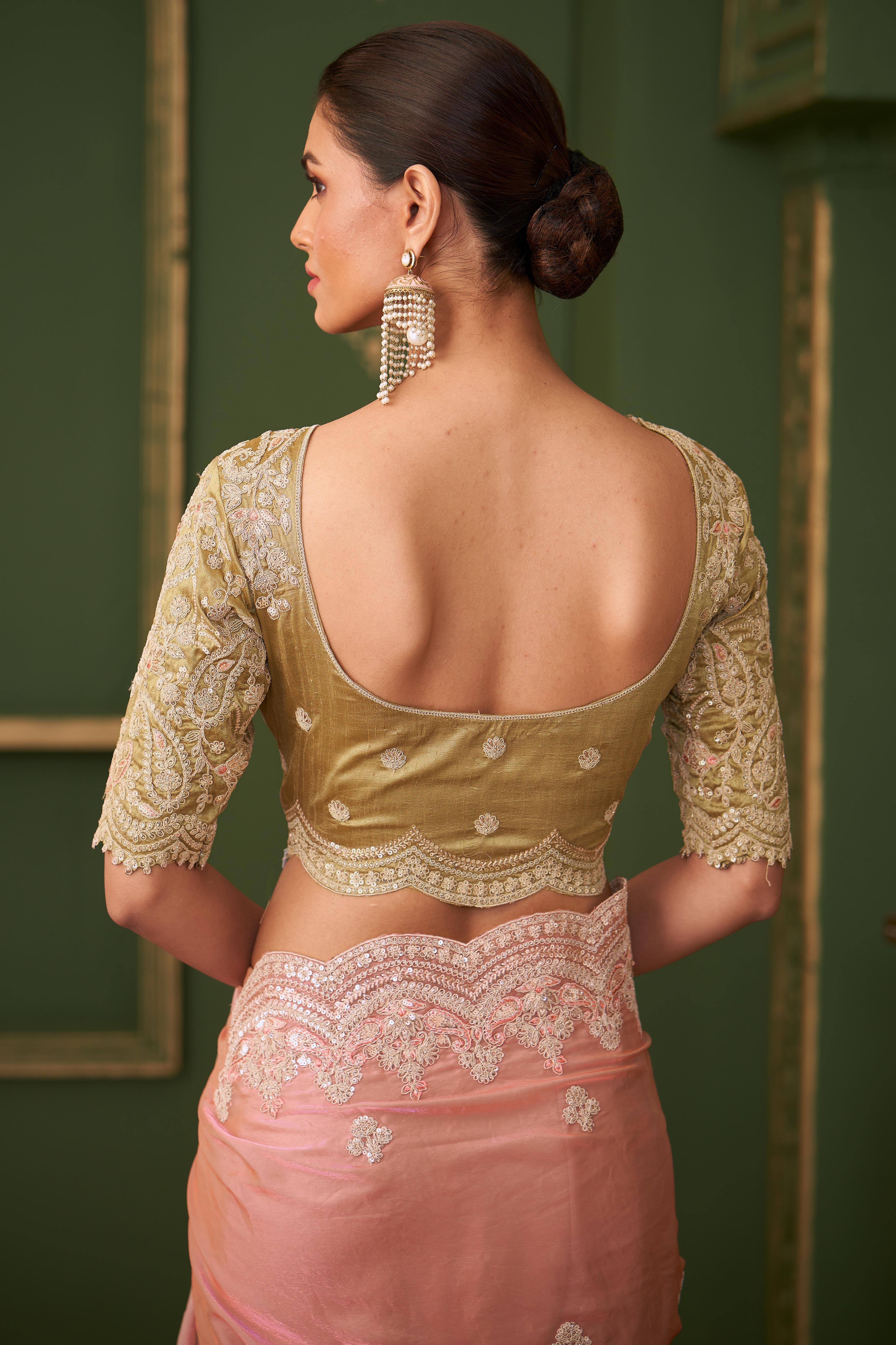Graceful Peach Georgette Saree Adorned With Floral Cording Sequins Embroidery & Cutwork Border