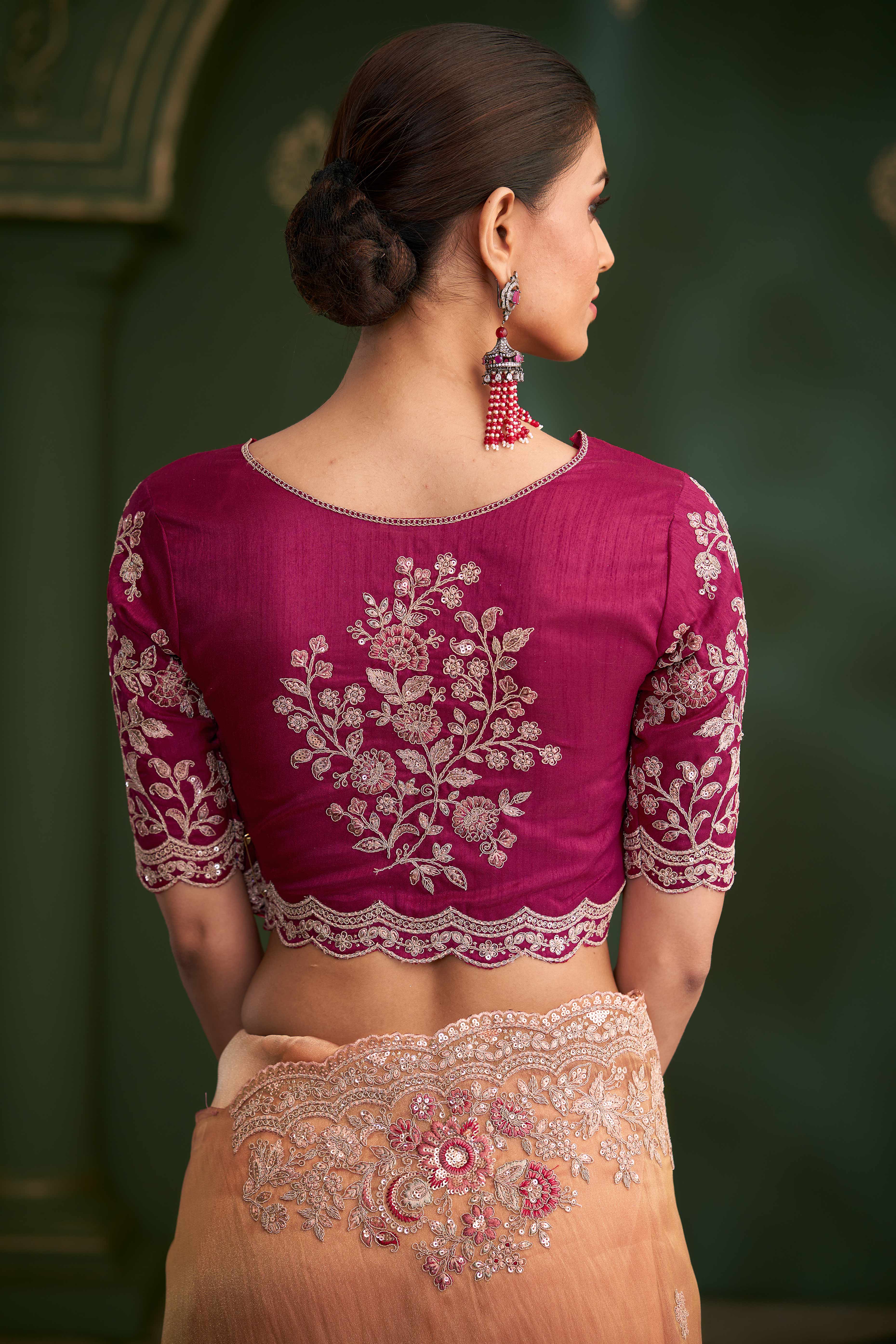 Graceful Peach Georgette Saree Adorned With Floral Cording Sequins Embroidery & Cutwork Border