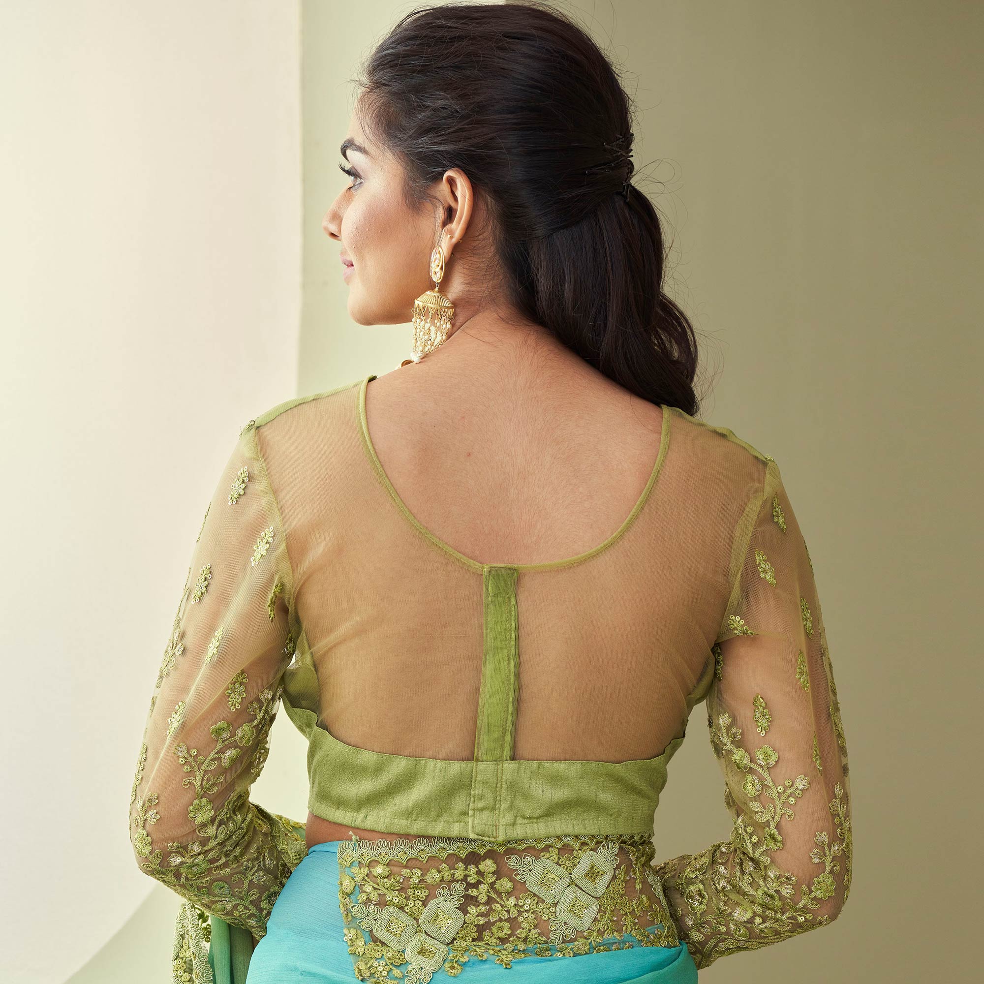 Pista Green Sequins Embroidered Georgette Saree