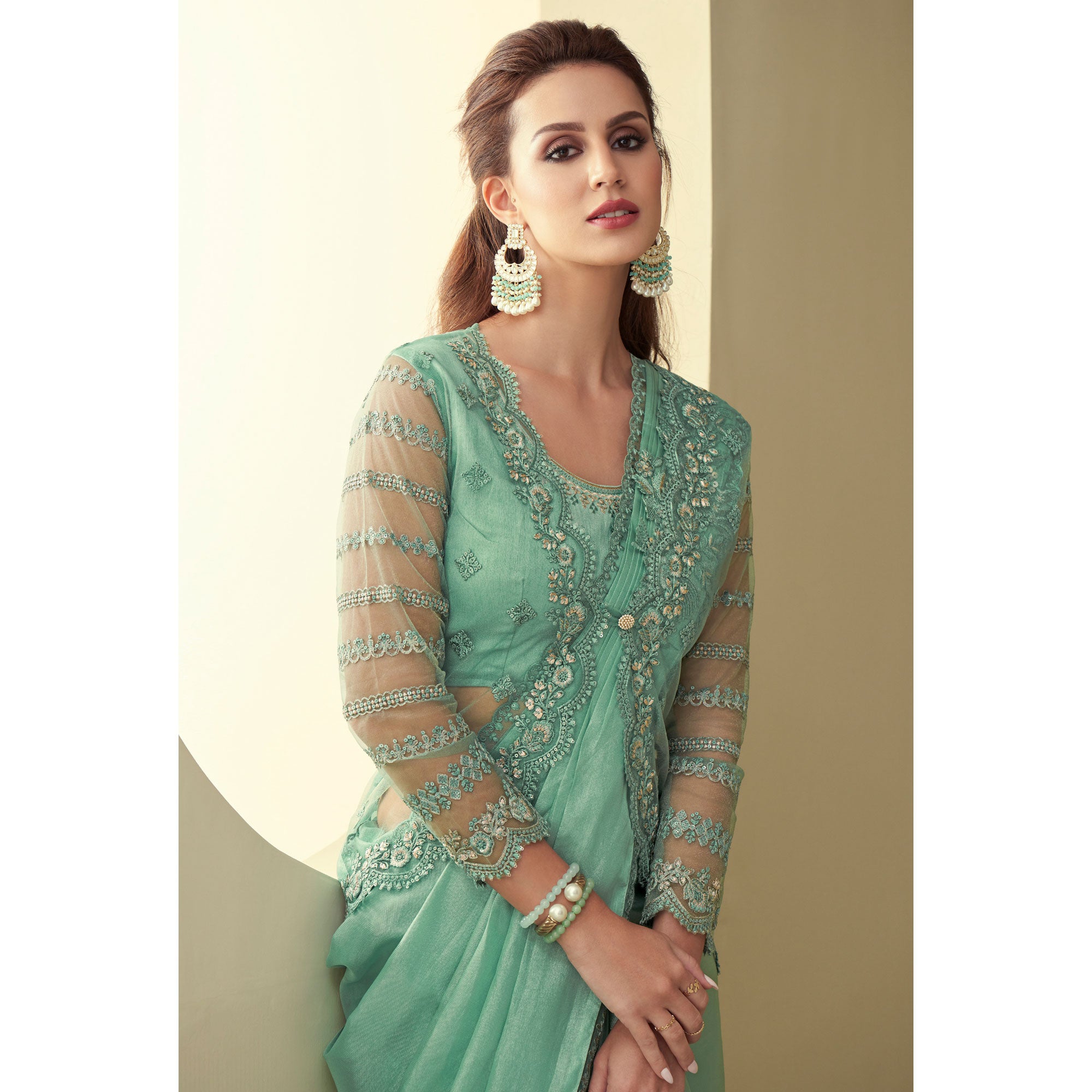Sea Green Sequins Embroidered Georgette Saree