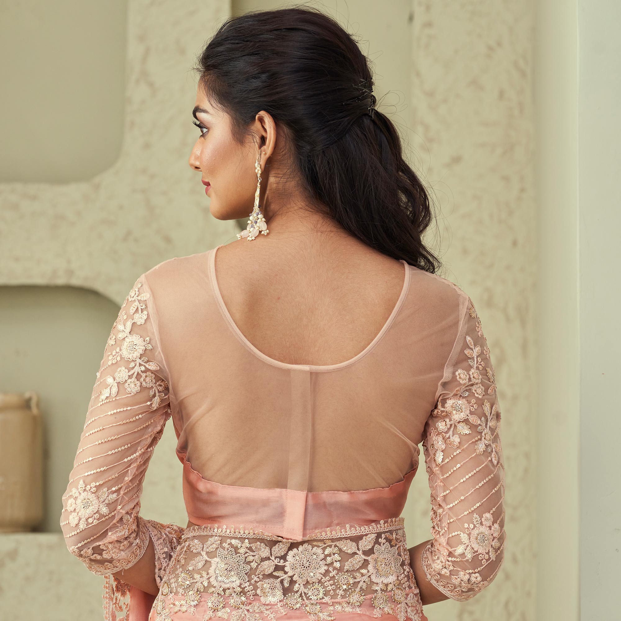 Peach Sequins Embroidered Georgette Saree