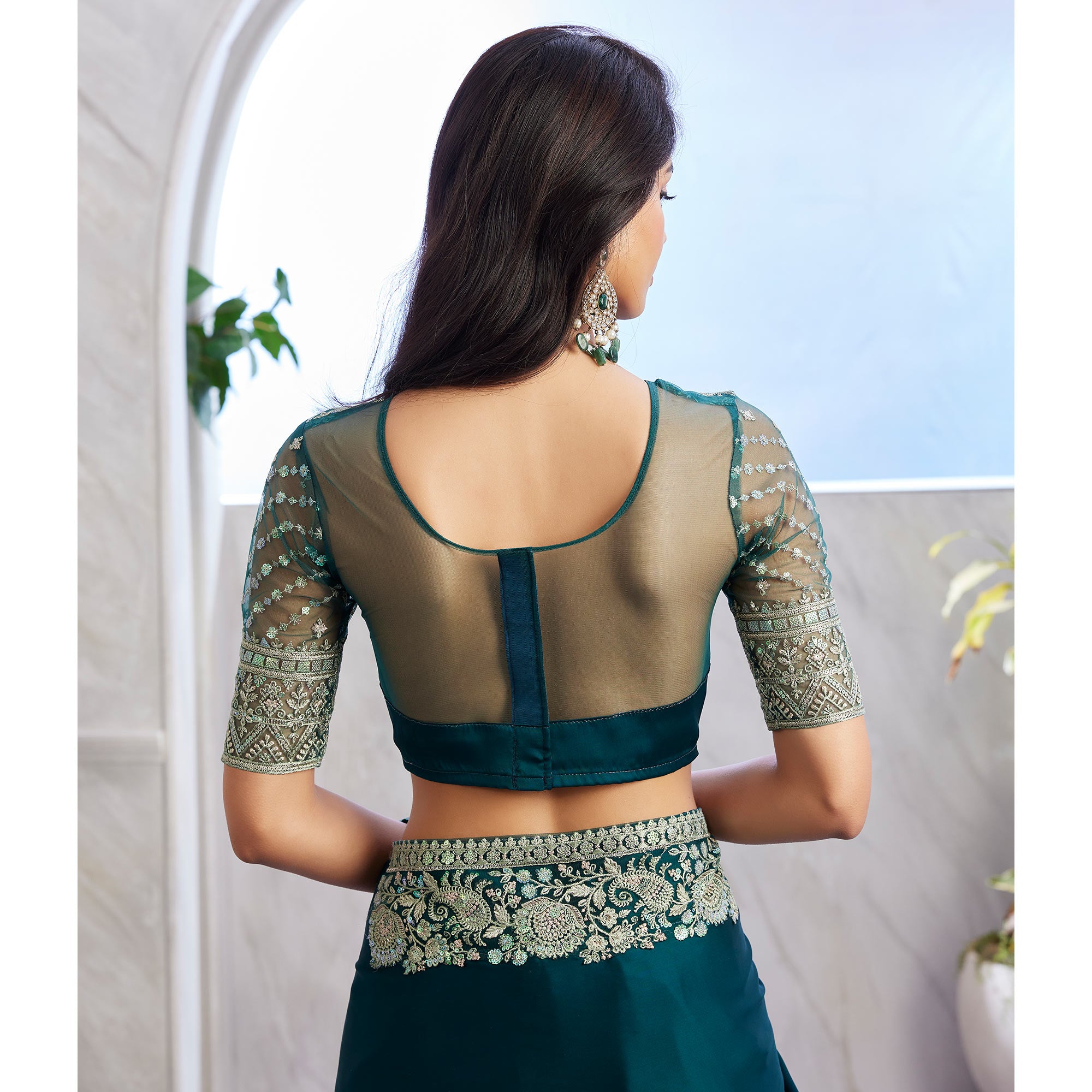 Green Floral Sequins Embroidered Satin Saree