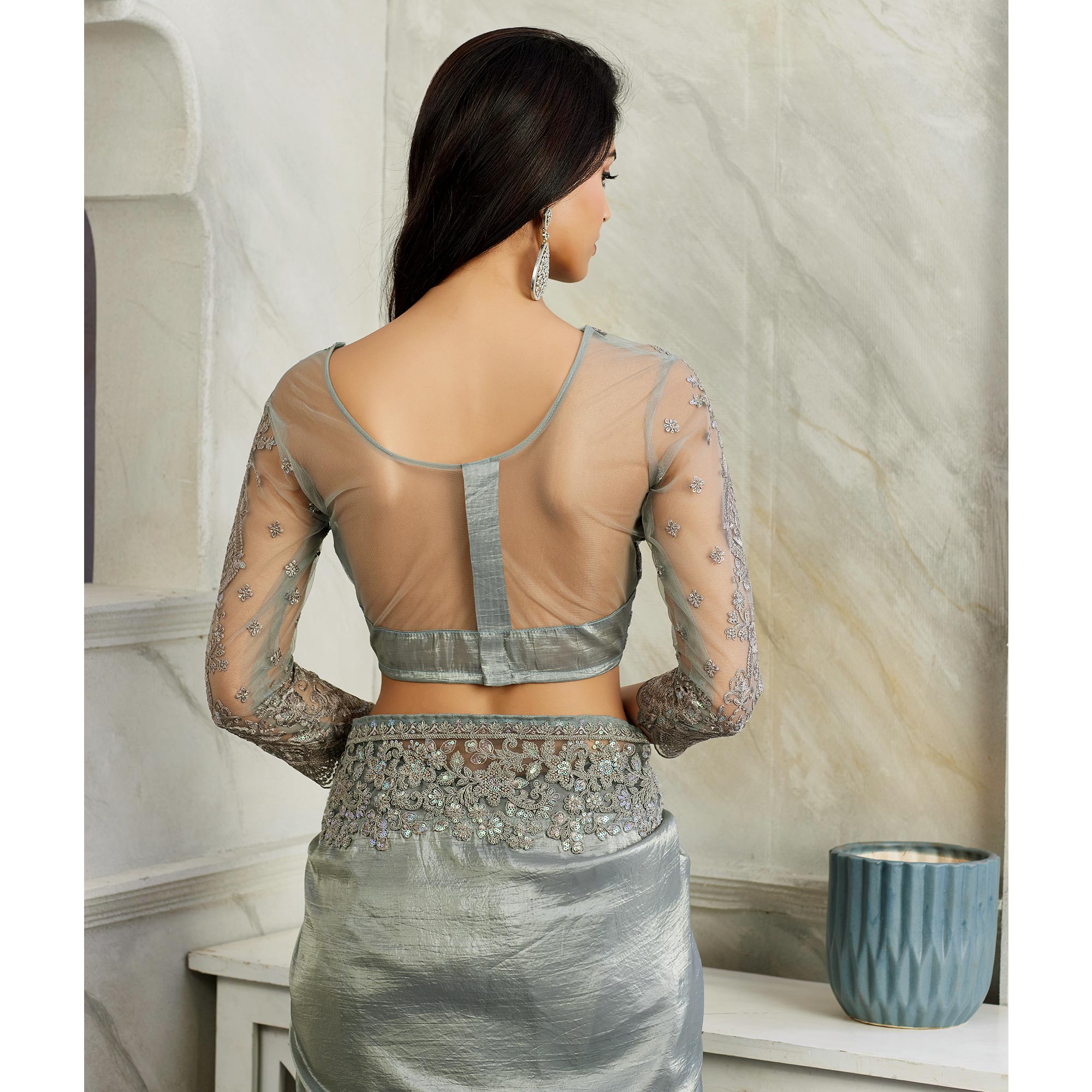 Grey Floral Sequins Embroidered Georgette Saree