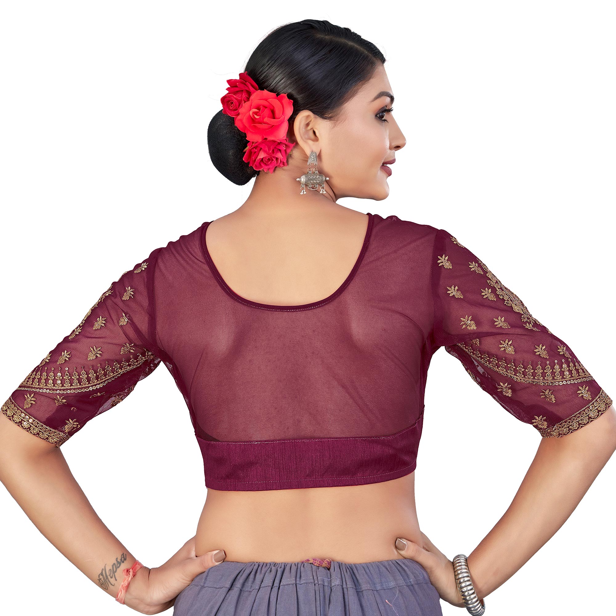 Bottle Green Floral Sequin Embroidered Crepe Saree