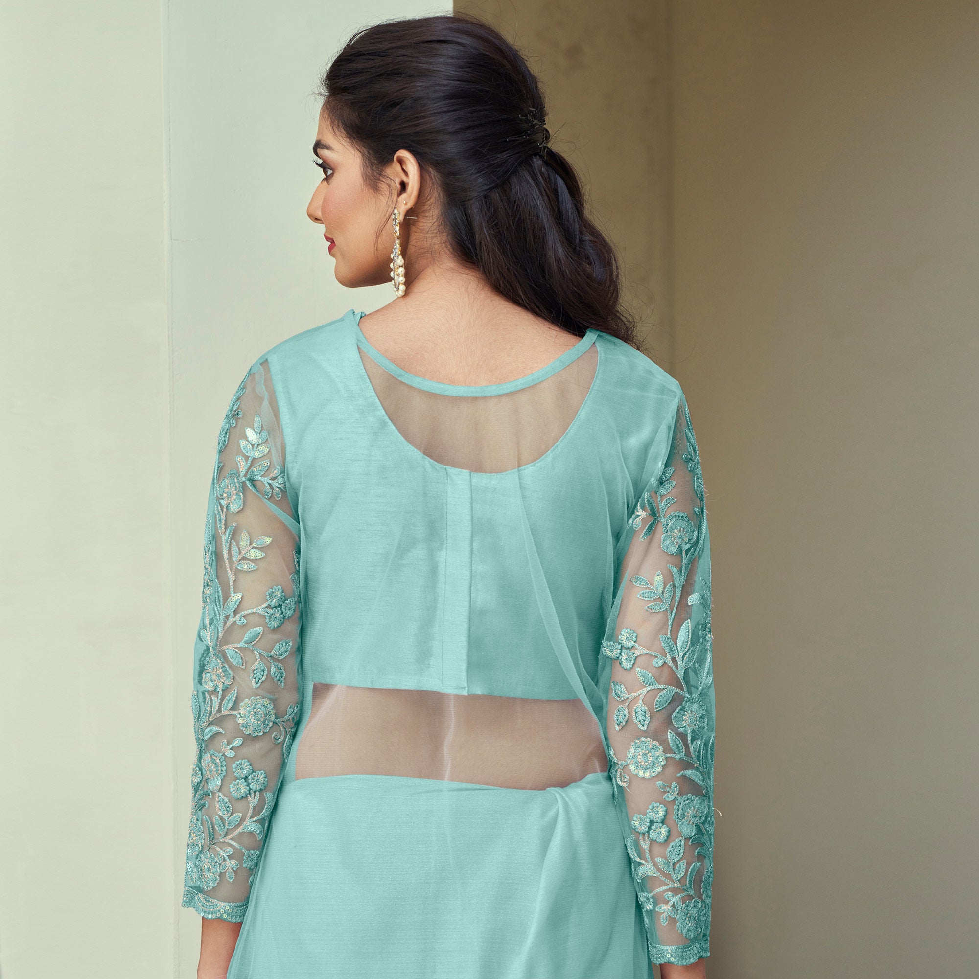 Turquoise Sequins Embroidered Georgette Saree