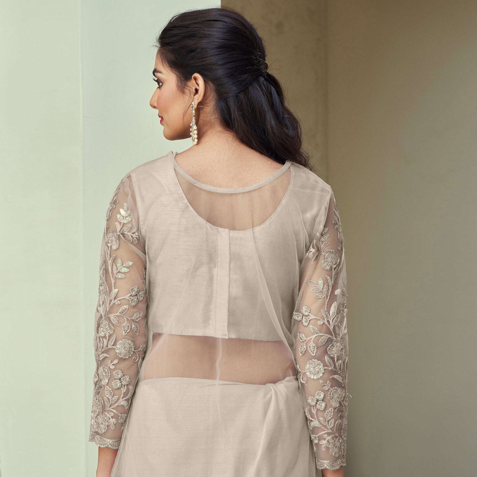 Beige Sequins Embroidered Georgette Saree